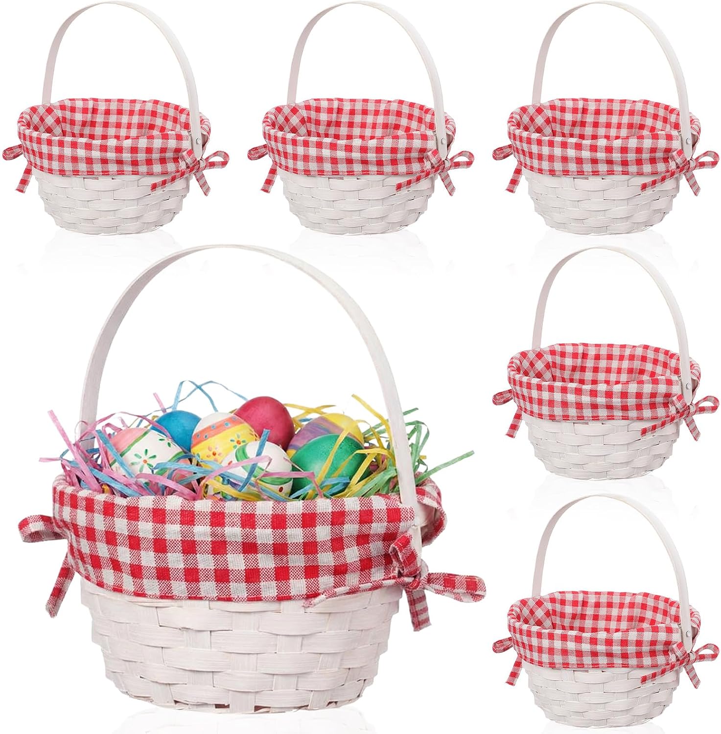 6 Pcs Easter Woven Basket with Liner and Handle Easter Bamboo Gifts Basket for Egg Hunt Bunny Party Favors Gifts Supplies Decor