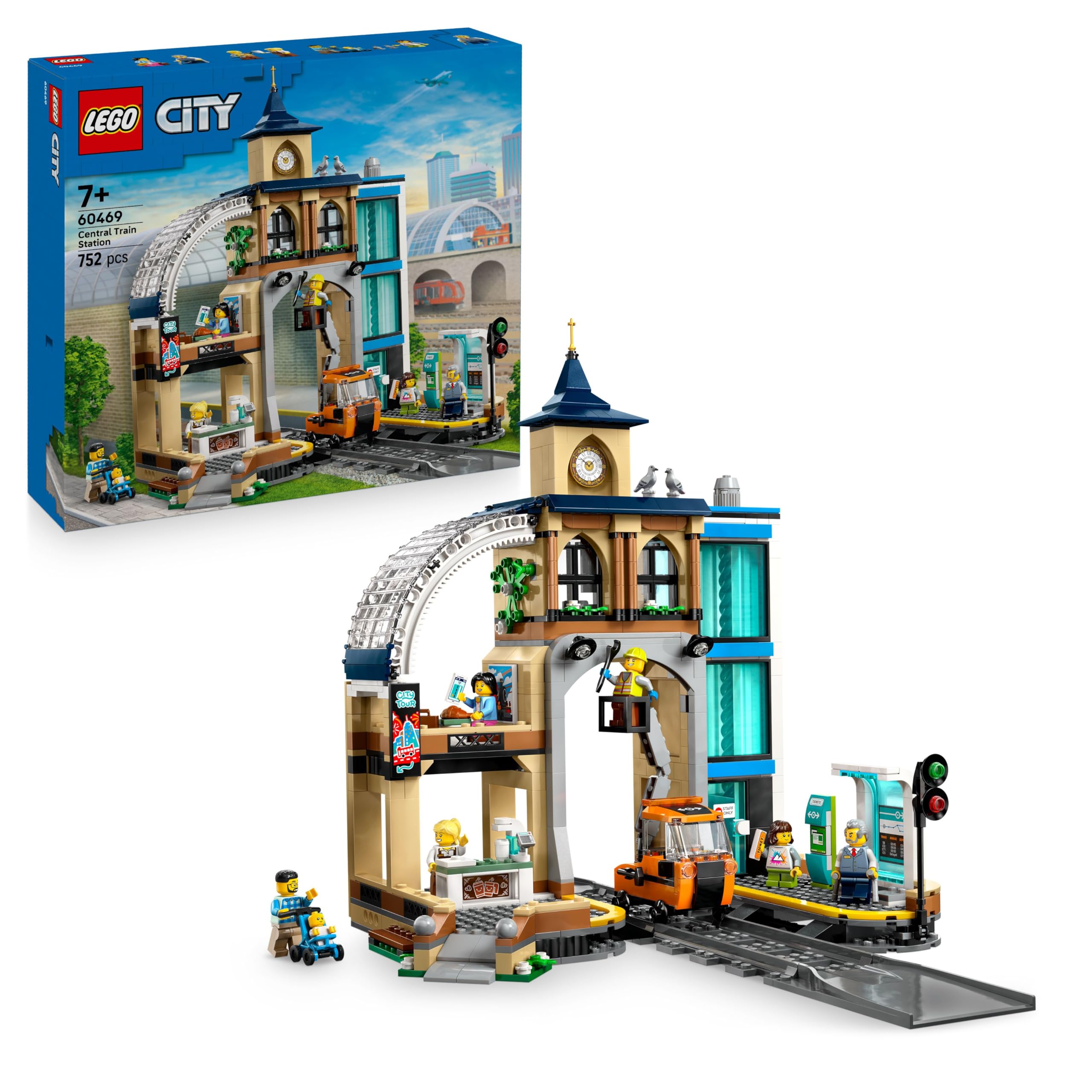 LEGO City Stazione Centrale - con Veicolo Giocattolo di Manutenzione, Ascensore Funzionante, Biglietteria, 2 Piattaforme, un Pezzo di Binario e 6 Minifigure - Regalo Bambini e Bambine da 7 Anni 60469