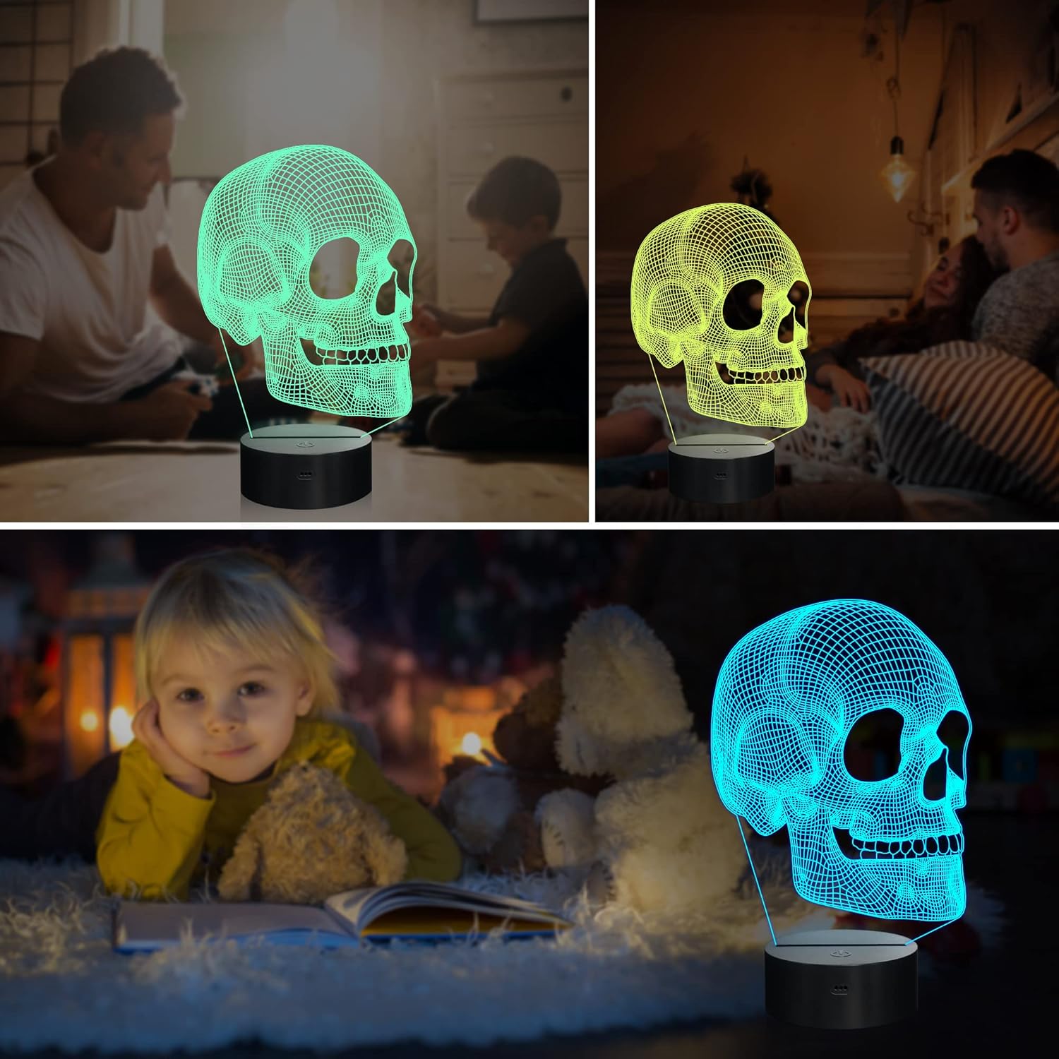 Ammonite Skull Night Light for Kids, 3D Illusion Lamp LED Desk Table Lamp 16 Colors Change with Remote Control and Timing Function, Best Christmas Halloween Birthday Gift for Child Boys