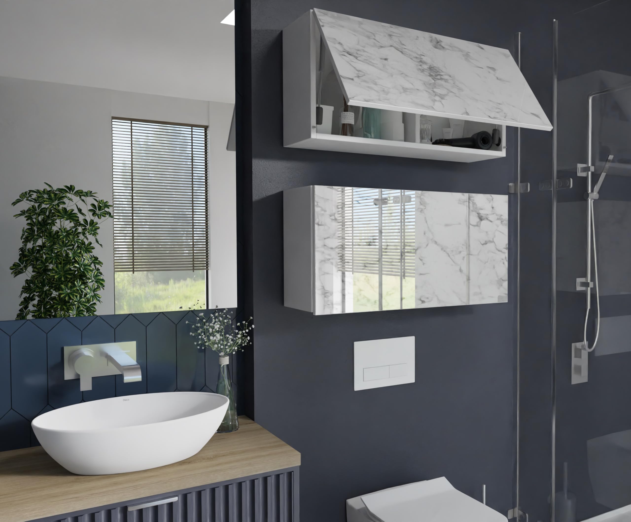 PLATAN ROOM - Armadietto da bagno, larghezza 80/120/160/200/240 cm, mobiletto da bagno pensile con anta ribaltabile (bianco opaco o marmo lucido 80 x 40 x 25 cm)