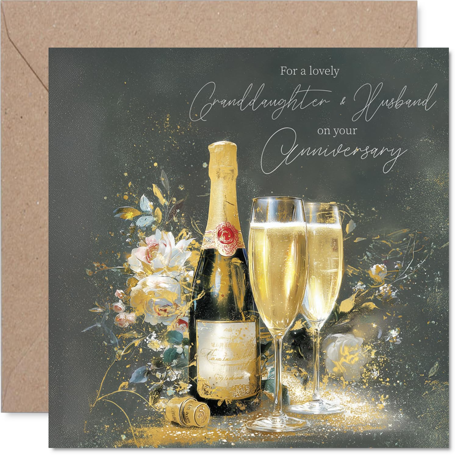 Gold Granddaughter & Husband Anniversary Card - Gold Champagne - Happy Anniversary Card for Granddaughter & Husband from Grandad Grandma, 145mm Golden Wedding Anniversaries Greeting Cards