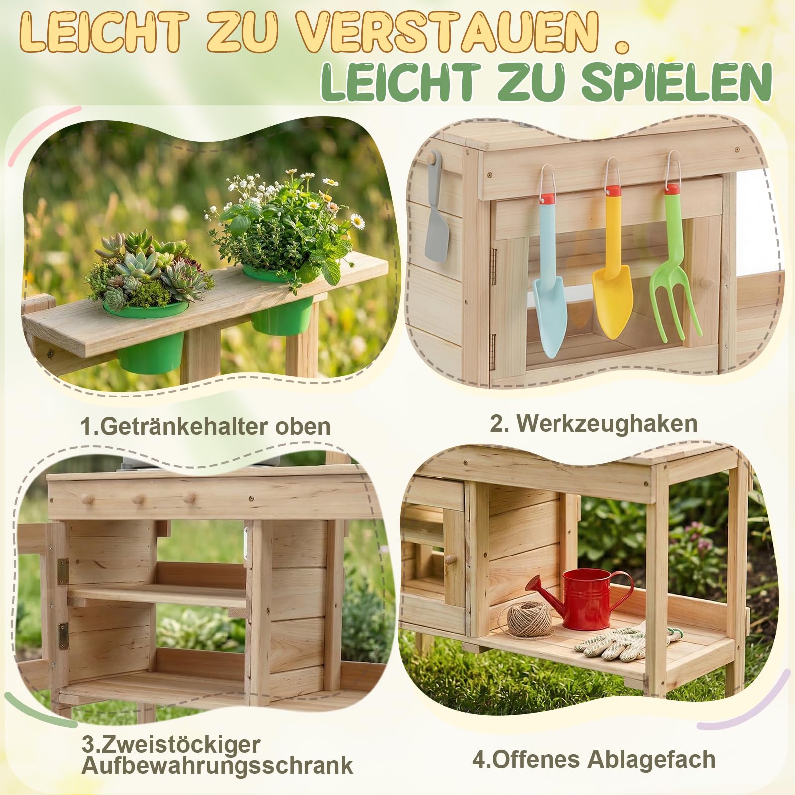 LEADZM Spielküche Gartenspielküche Matschküche Kinder Outdoor mit Spüle, Blumentopf, Wasserhahn, Kinderküche mit Herd und Tafel, geeignet für Kinder ab 6 Jahren, Naturholzfarbe