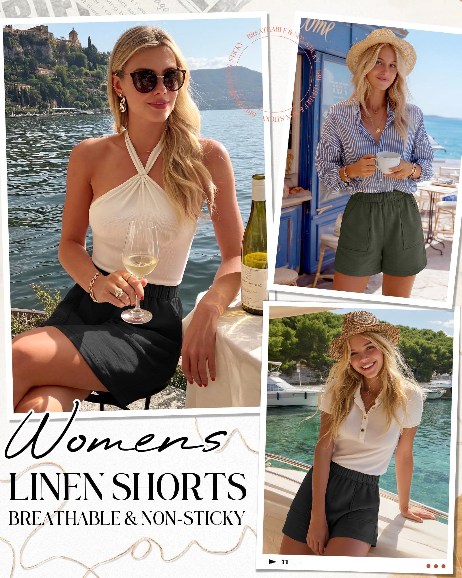 Neer 2 Pack Women's Linen Shorts Elastic Waist Casual Comfy Summer Pull on Beach Shorts with Patch Pocket