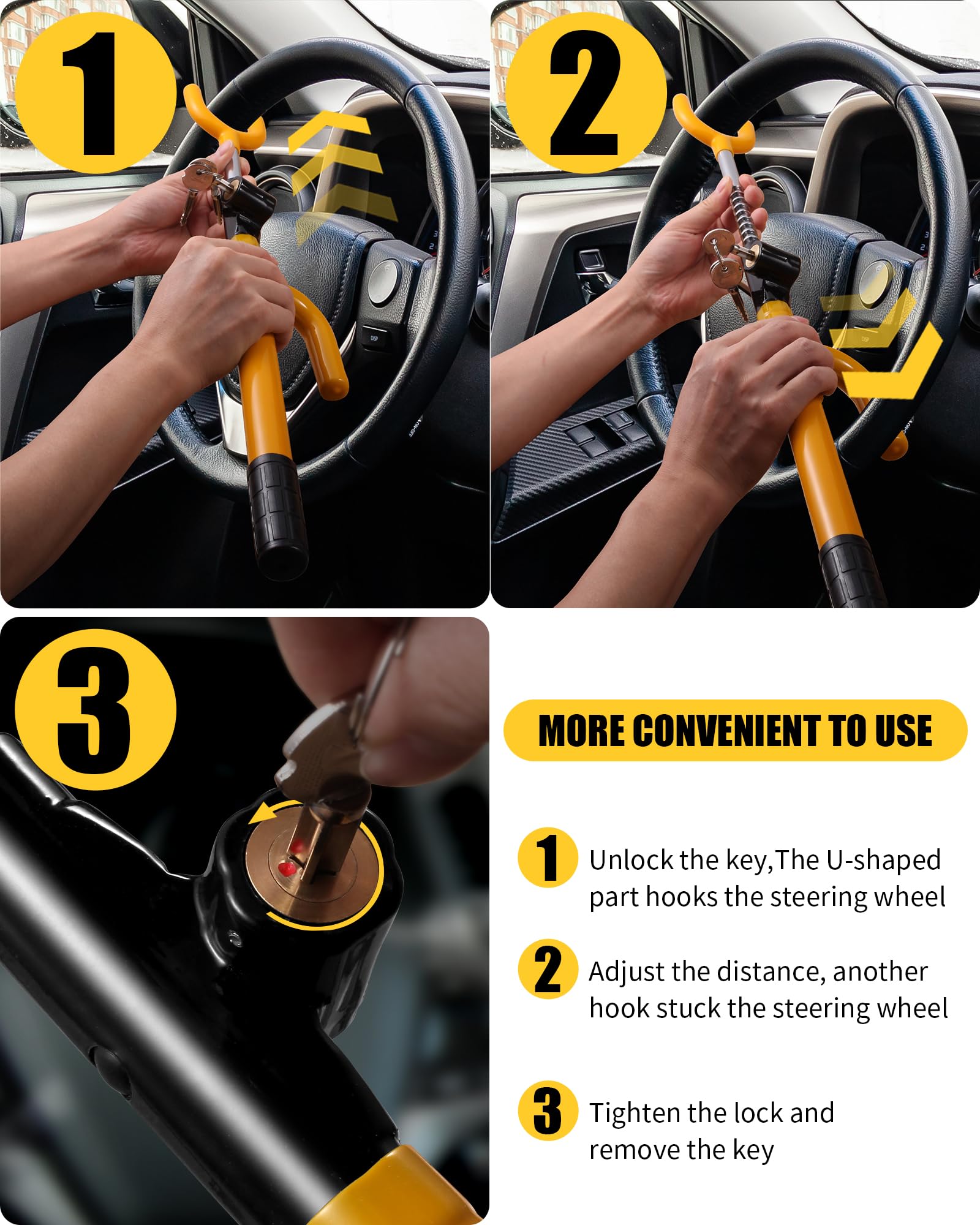2-Pack Steering Wheel Lock With 3 Keys - High Visibility Anti-Theft Car Lock, Cut Resistant, Universal Fit For Cars & SUVs