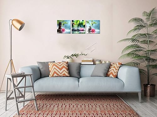 Miniatura 3 de TutuBeer Lienzo zen, 3 paneles, decoración de pared de spa, piedra de spa, verde, bambú, rosa, lirio de agua zen, Buda zen, impresión de pintura