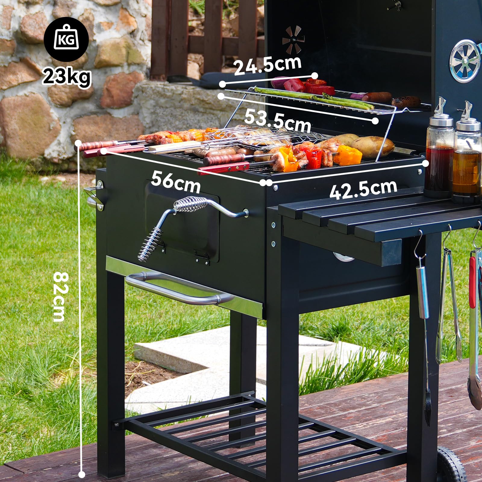 Barbacoa de Carbón, Parrilla con Tapa de Acero de 56×42,5 cm, Bandeja Ajustable en Altura, Mesa Lateral Plegable, Incluye Funda