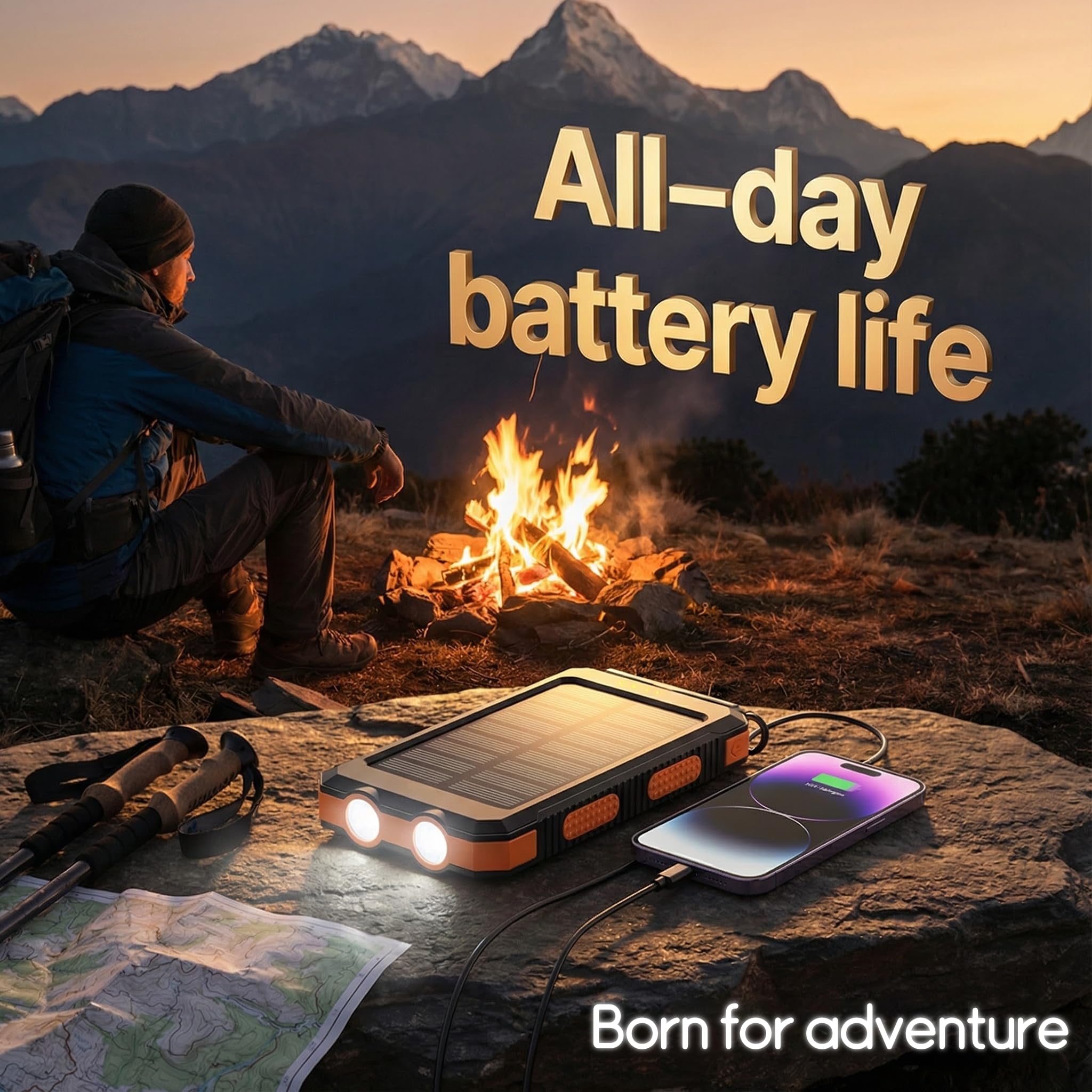 Solar Powerbank 20000mAh, Wasserdichtes USB C Externer Akku mit 2 Outputs, 2 USB-Anschlüssen, LED-Taschenlampen mit Kompass für Outdoor-Aktivitäten