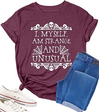Halloween Shirts for Women I Myself Am Strange and Unusual Tshirt Horror Movie Graphic Tees Cute Short Sleeve