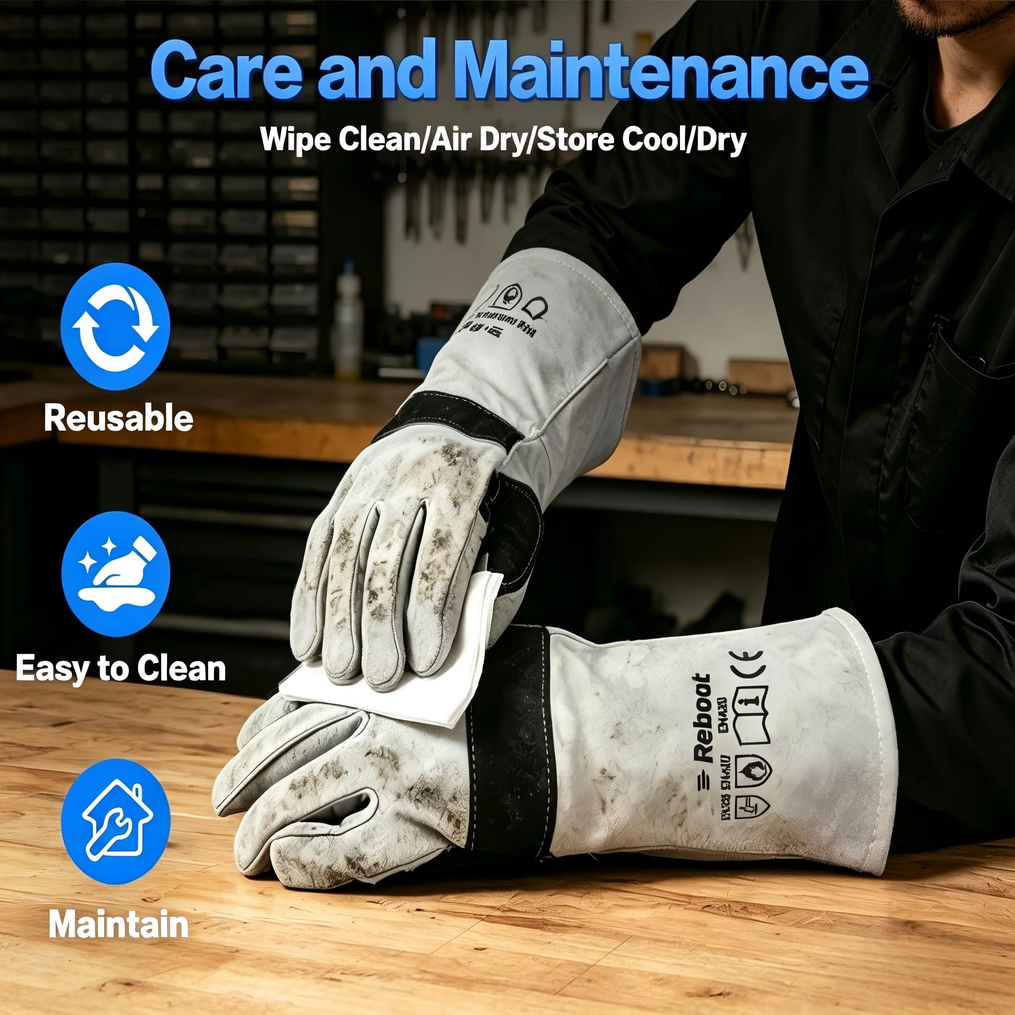 Reboot Gants de Soudure, Cuir Résistant 500°C, Protection Avant-Bras 38 cm, Coutures Doubles Renforcées pour MIG TIG MMA Barbecue Forge – Gris