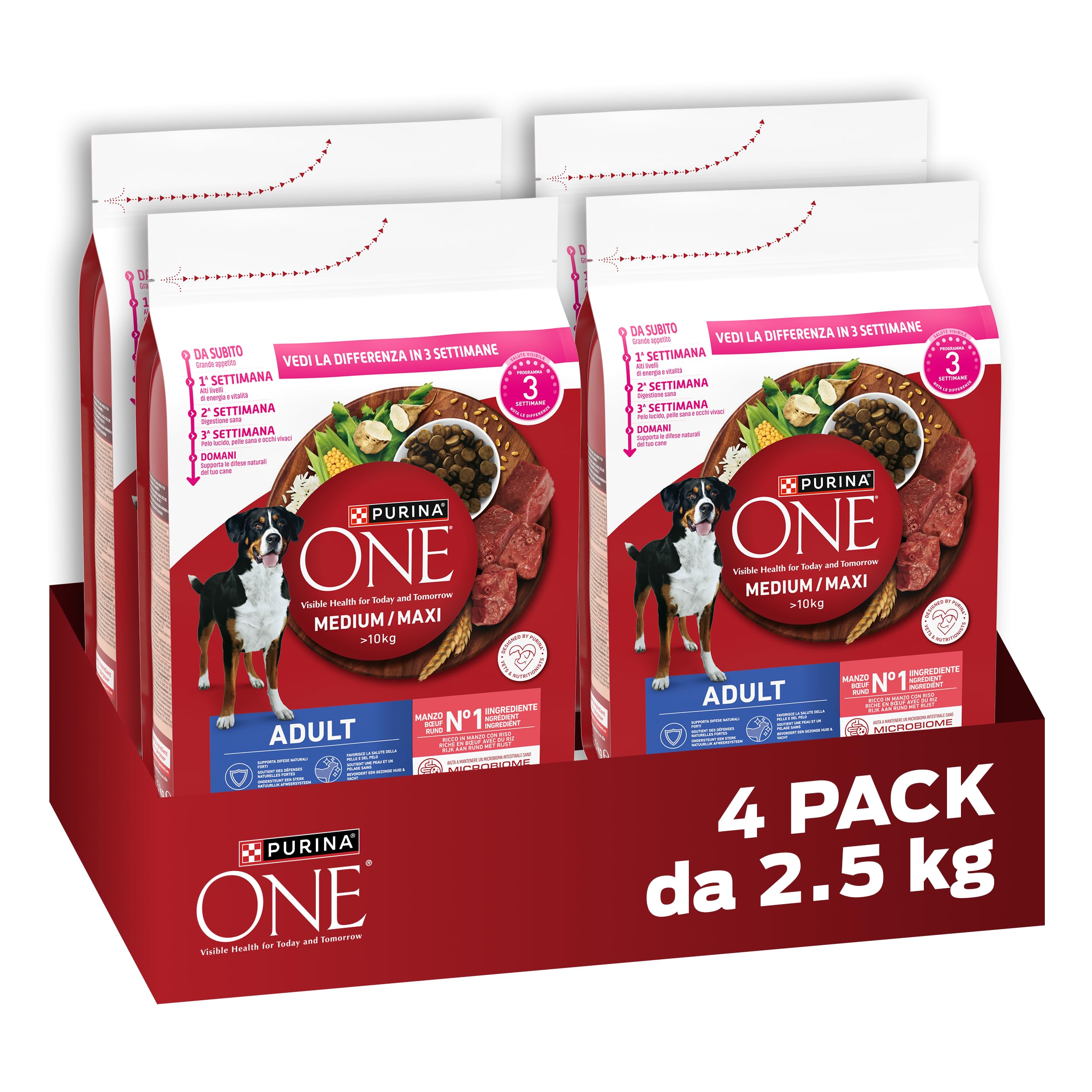 PURINA ONE Medium Maxi Crocchette per Cani Adulti con Manzo e Riso 4 Sacchi da 2.5kg