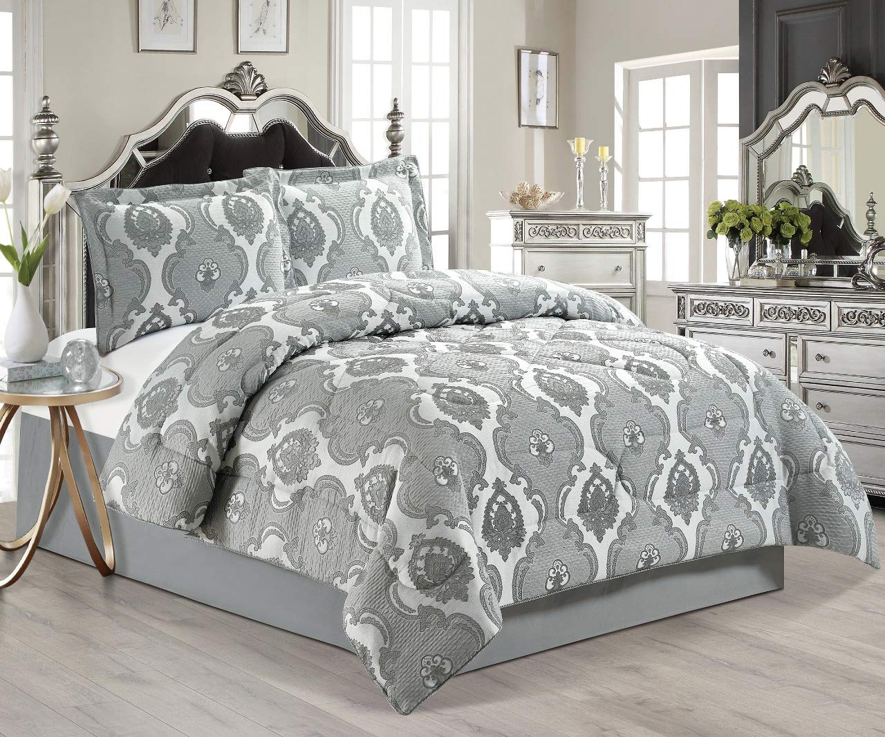 Luxurious 3 Pcs Jacquard Bedspread Quilted Comforter with Matching Pillow Cases Bedding Set Irene Grey Double