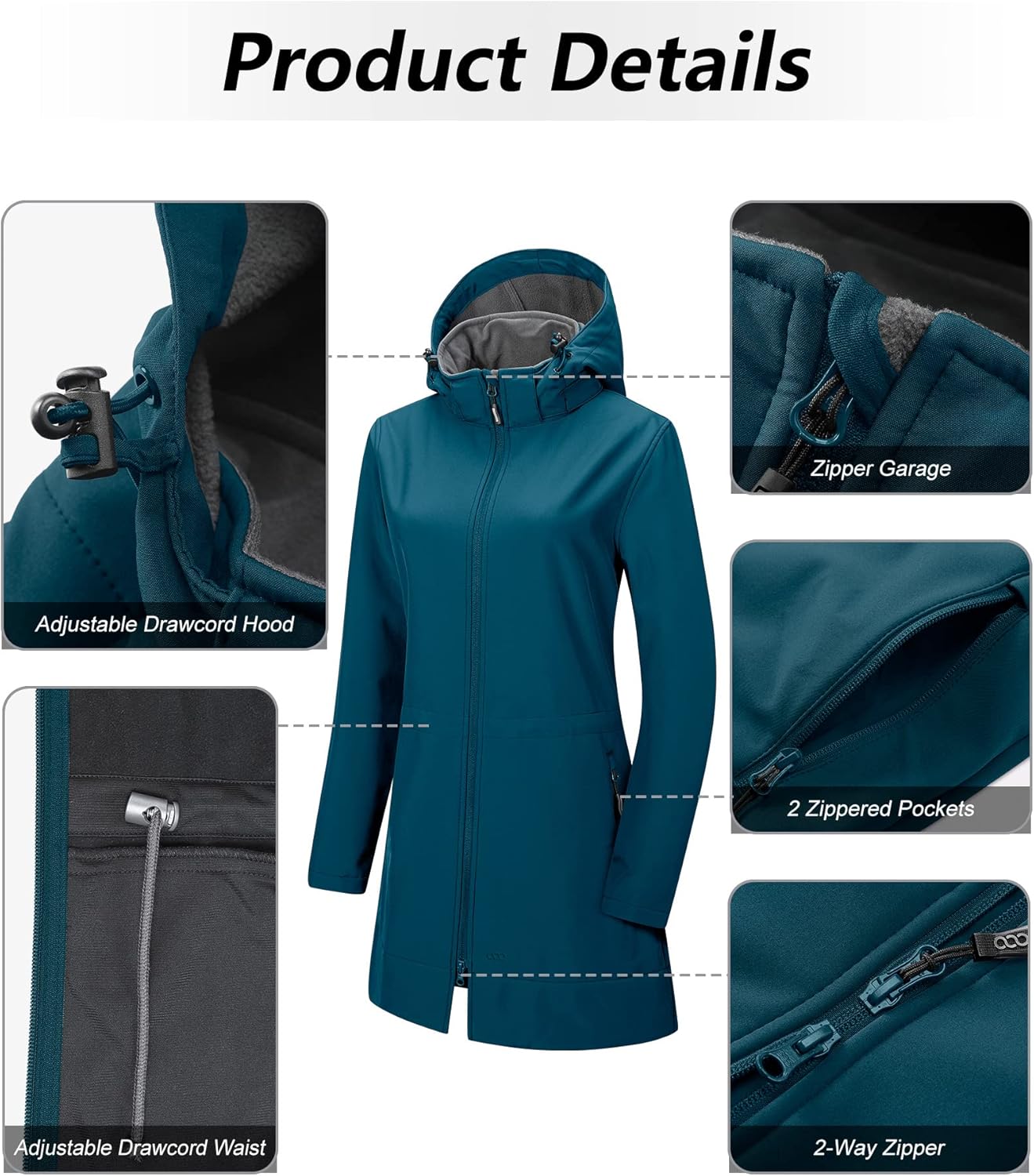 33,000ft Women's Waterproof Softshell Long Rain Jacket with Hood Fleece Lined Windproof Windbreaker - Image 3