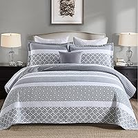 Vista 15 de PERHOM Juego de edredón 100% algodón tamaño Queen - 3 piezas, estilo bohemio, a rayas, ligero, suave, transpirable, juego de ropa de cama beige gris