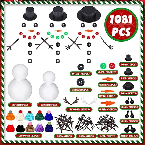 Miniatura 2 de Liliful 1081 piezas de muñeco de nieve de Navidad para niños, 30 bolas de espuma de modelo, 440 botones, 75 mini sombreros superiores, 90 narices de