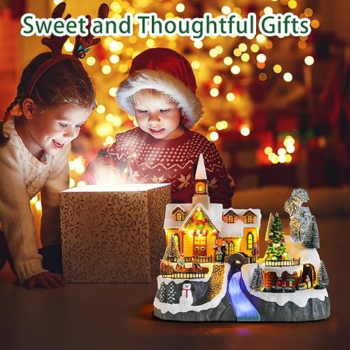 Miniatura 7 de DREAM GARDEN Casa de pueblo de Navidad, iglesia iluminada con tren en movimiento y árbol de Navidad, funciona con pilas, edificios musicales