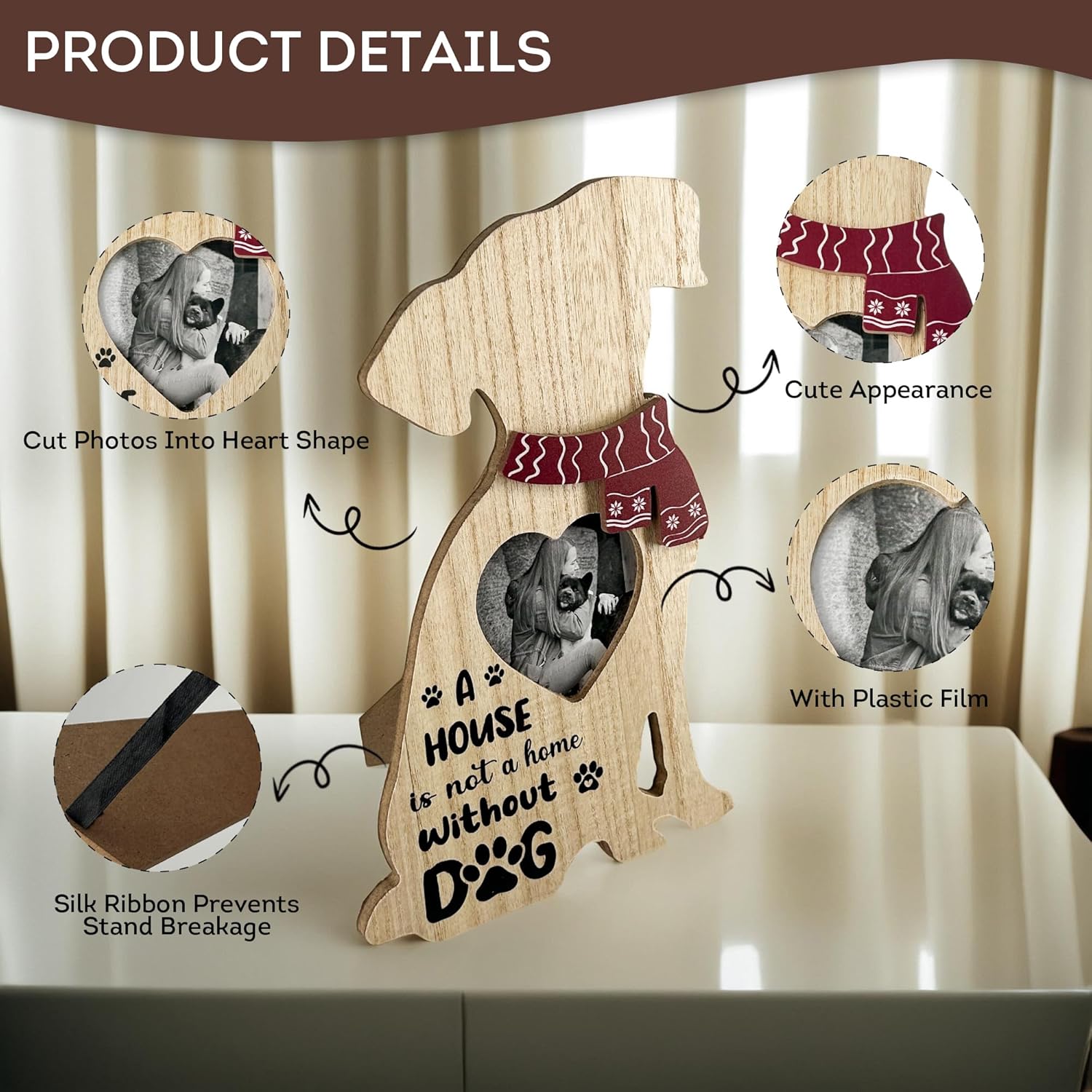 Lily's Home Dog-Shaped Wooden Photo Frame - 7.5'' x 11.8'' with Heart-Shaped 3.5'' x 3.5'' Slot - Sturdy Easel Stand & Ribbon - Ideal Picture Frame for Dog Lovers - Perfect Pet Memorial Gift - Image 3