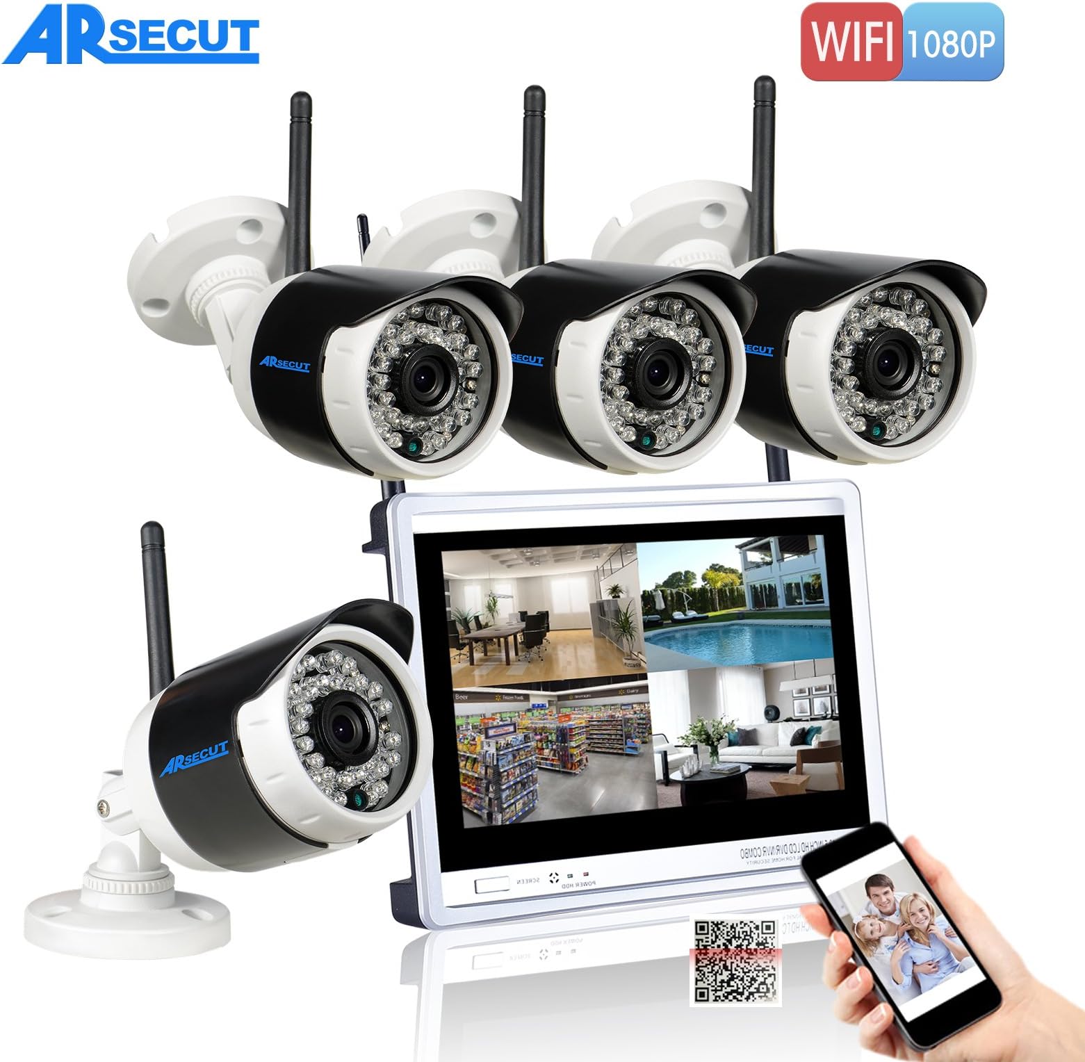 Arsecut 2.0MP Wireless Home Security Camera System 4x1080P Wireless IP Cameras 65ft IR with Wifi Camera Wireless CCTV System NO Hard Drive