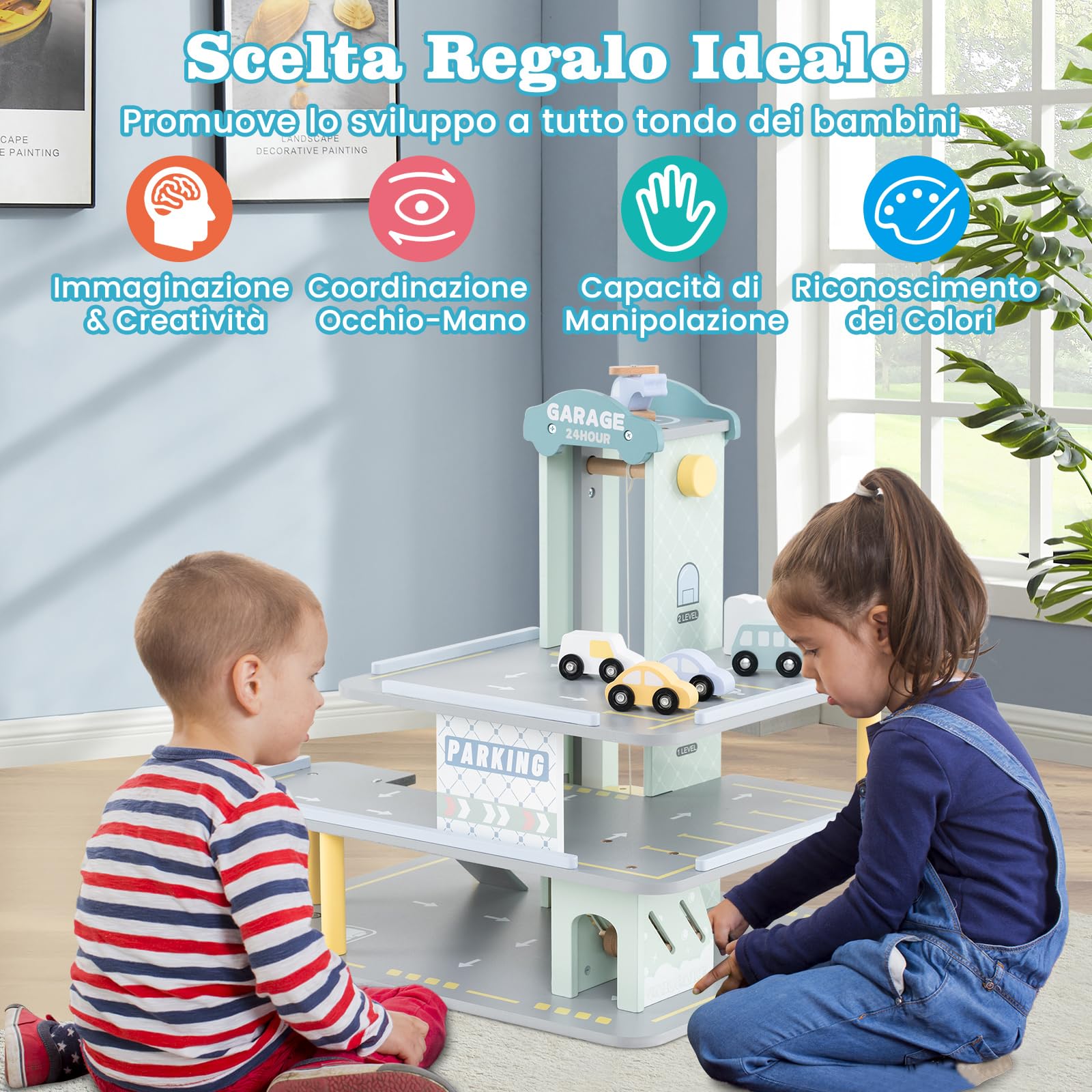 COSTWAY Set di Gioco Garage per Parcheggio, Garage di Giocattolo in Legno a 3 Strati con 4 Auto, Stazione di Servizio, Ascensore, Barra di Sollevamento, per Bambini di 3+ Anni