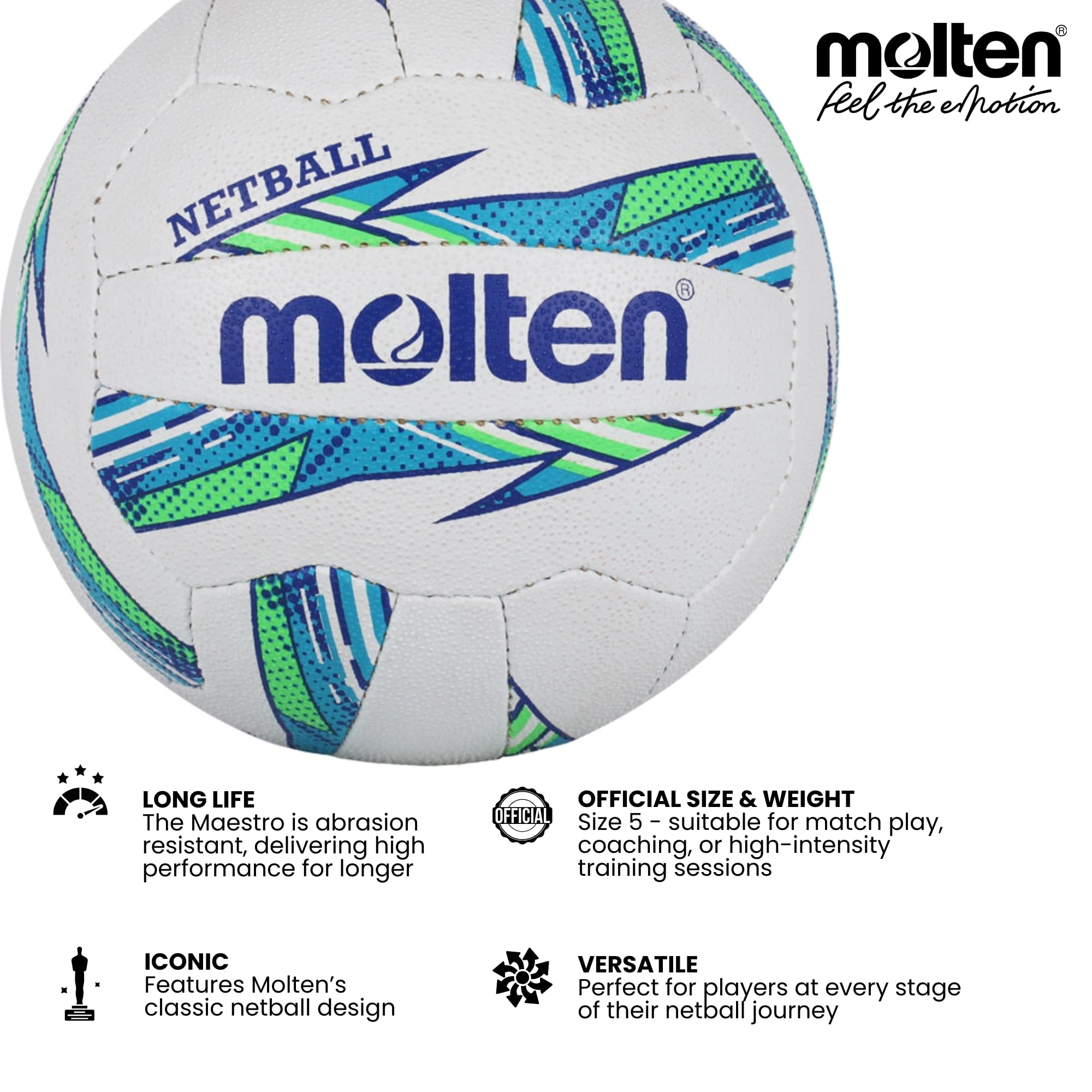 Molten Ballon de Netball pour Femme Maestro International Level, Vert/Bleu, Taille 5