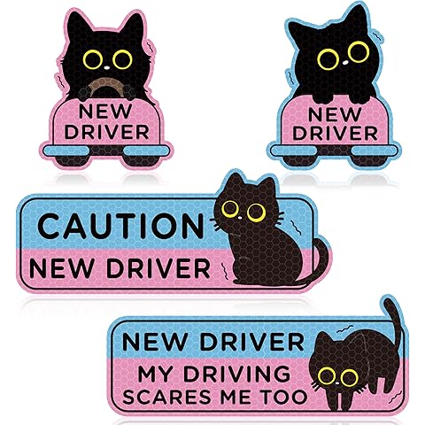 CNhoqc 4pcs Black Cat New Driver Car Magnet, Cute Shivering Cat Reflective Student Driver Sign for Car Bumper, Cartoon Nervous Kitty Caution New Driver Reusable Magnet Sticker for Bumper Safety Sign