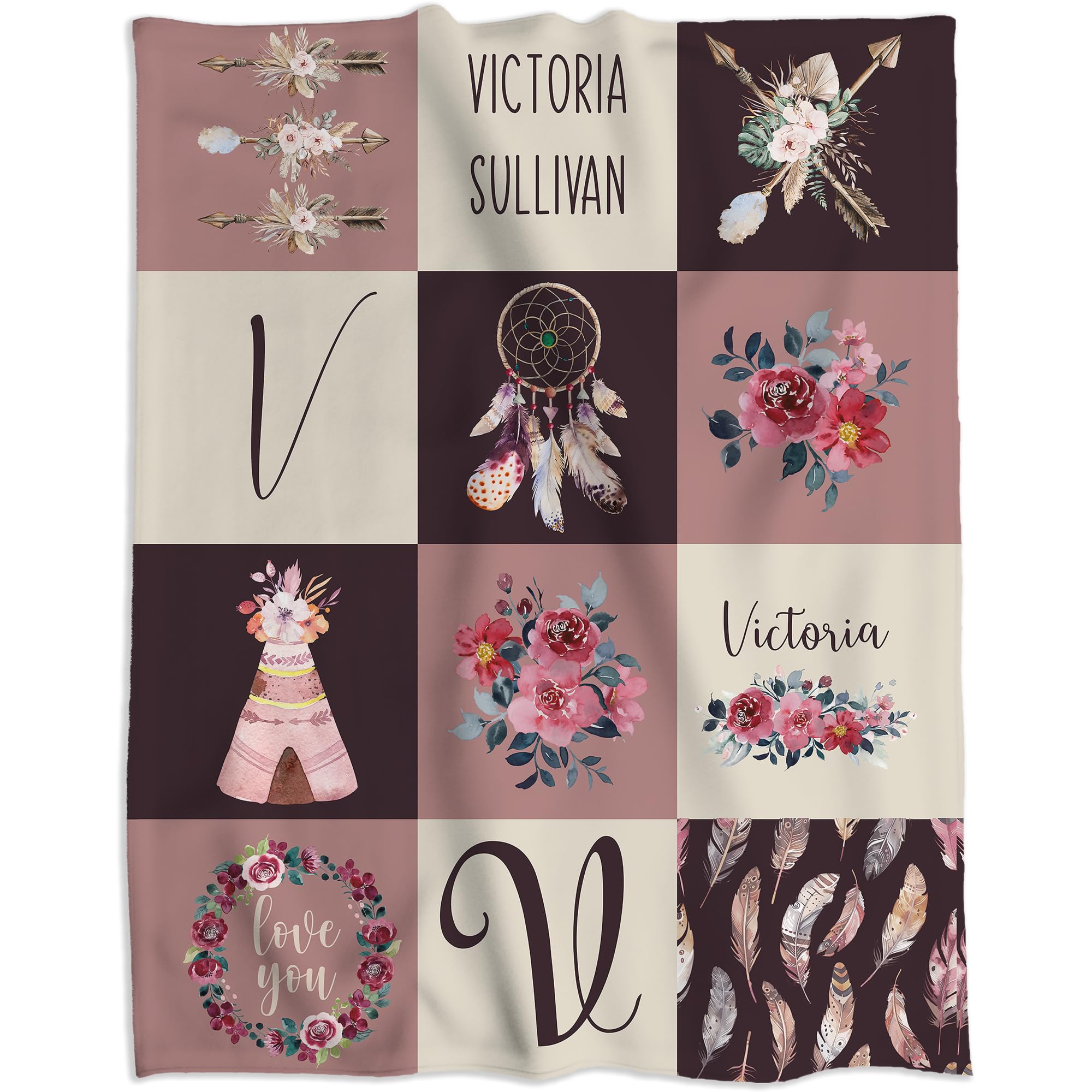 Personalized Baby Blanket for Girls Plush & Cozy. Custom Baby Blanket with Name. Customized Vintage Boho Baby Girl Boy Gift with Baby's Name for Newborn, Christmas Nursery (Vintage)