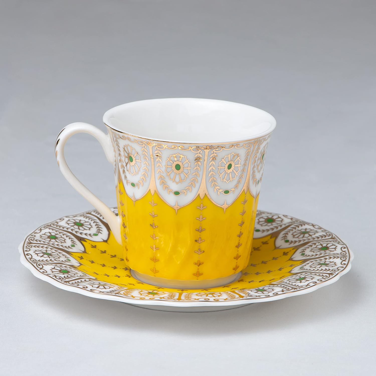Gracie China Chinoiserie Flute Teacups and Saucers 7-Ounce, Set of 2 (Yellow)