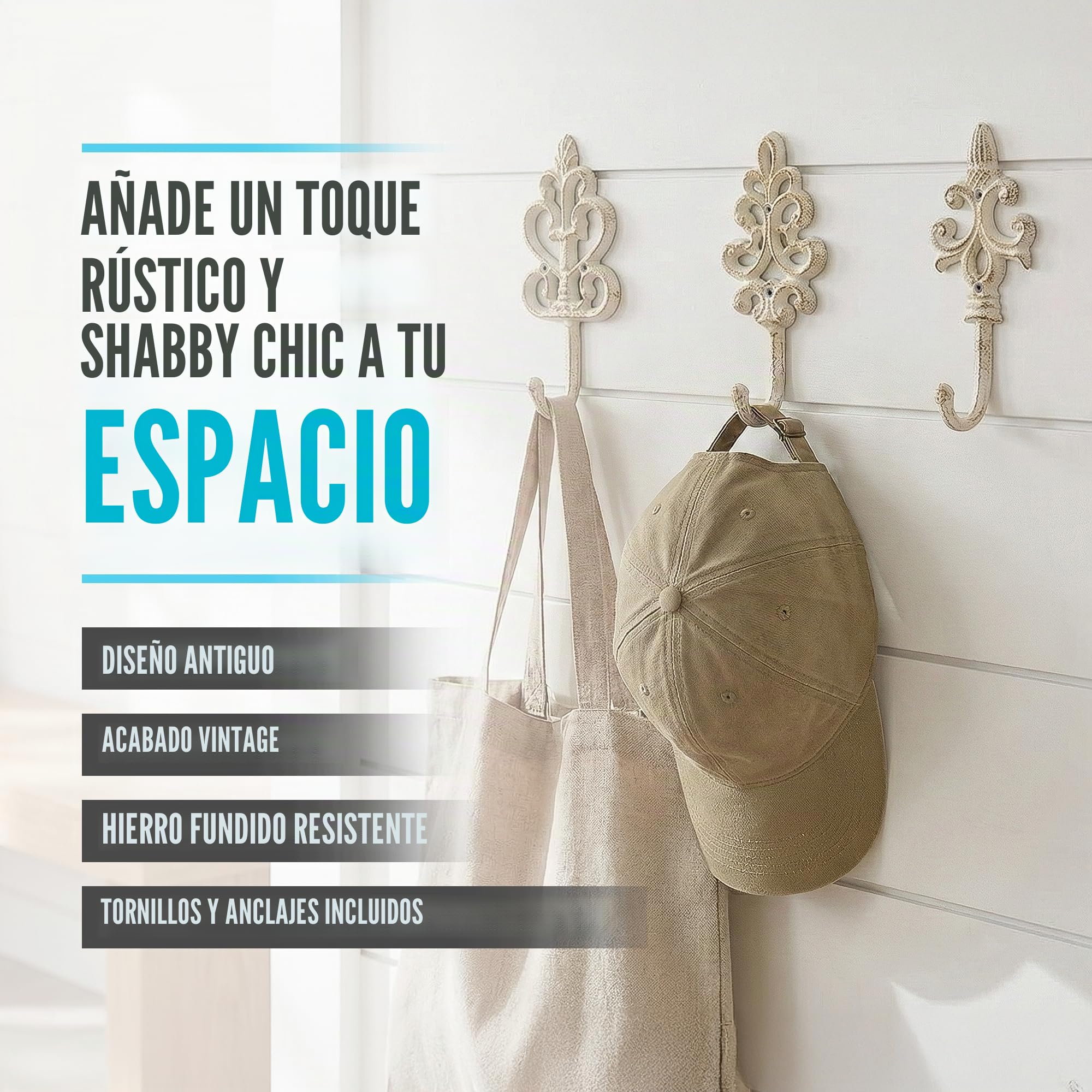 Comfify Ganchos de pared decorativos de hierro fundido antiguo, rústico, estilo campestre francés, grandes ganchos decorativos para colgar, juego de 3, tornillos y anclajes para montaje incluidos