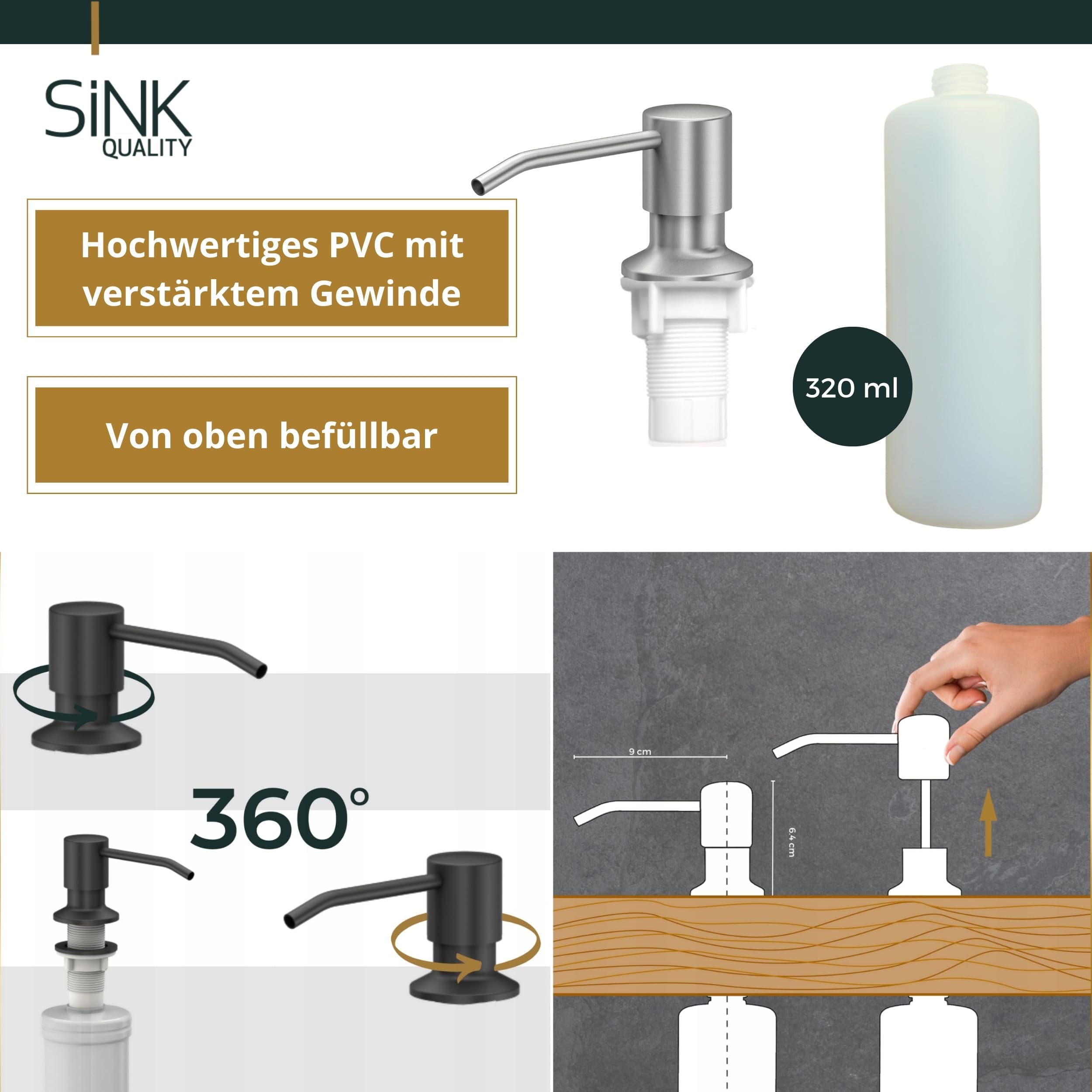 SINK QUALITY Spülbecken Komplettset mit Armatur 60x50 cm - Küchenspüle schwarz gesprenkelt mit Abtropffläche - Küchenarmatur, Seifenspender, Sieb, Siphon - Spüle links für 40er Unterschrank
