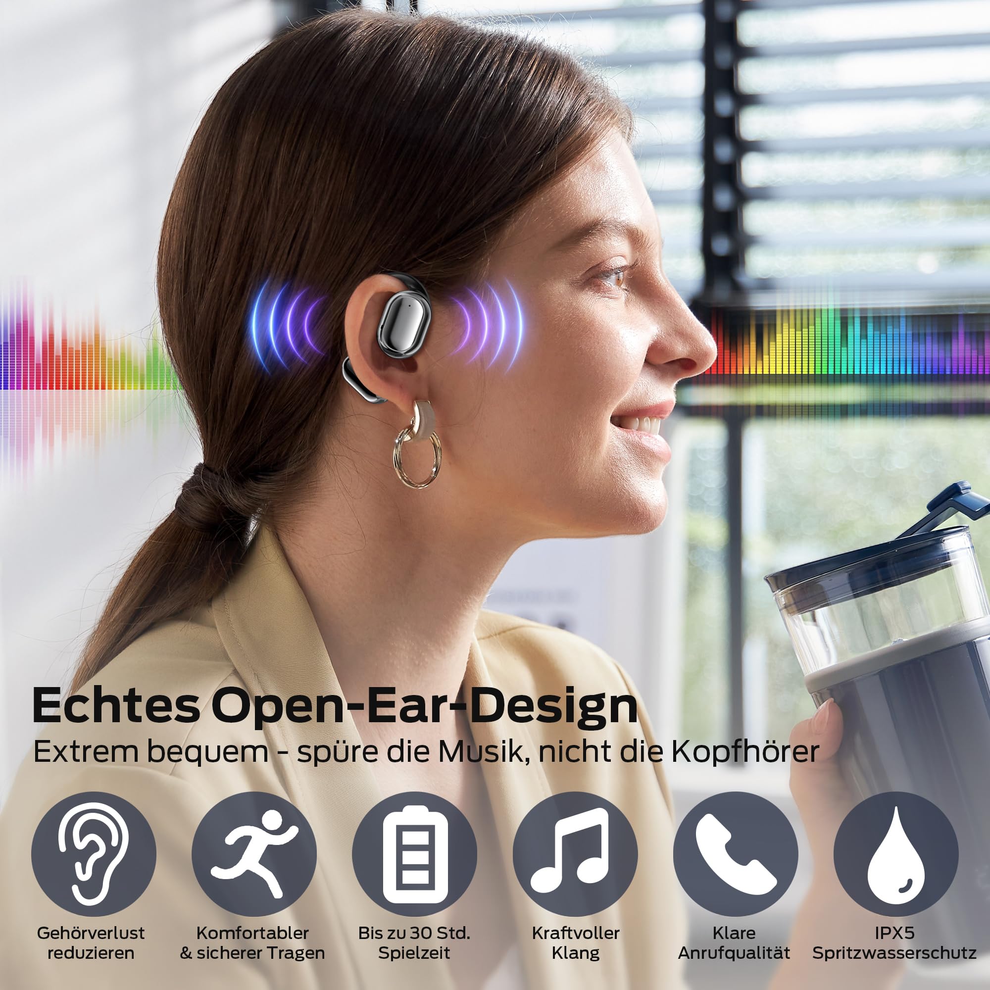 BUGANI Offene Bluetooth Kopfhörer Sport, Kopfhörer Kabellos mit Bügel BT5.4, 30 Stunden Akkulaufzeit, mit großem 16,2 mm Treiber, Ohrhörer Bluetooth mit Ohrhaken für iOS/Android Schwarz