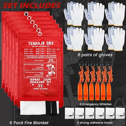 Miniatura 3 de 6 juegos de manta de emergencia contra incendios para el hogar, manta térmica con silbatos de emergencia, ganchos y guantes para cocina, chimenea,