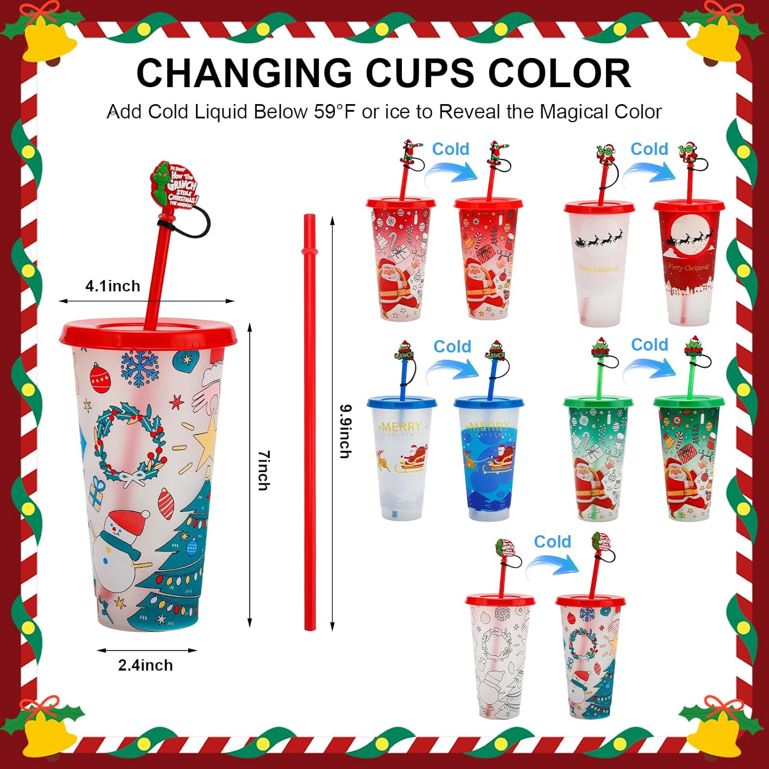Christmas Color-Changing Cups 5-Pack – 24oz Reusable Plastic Tumblers with Lids, Straws & 5 Straw Covers for Merry Xmas, Holiday Parties & Secret Santa Gifts