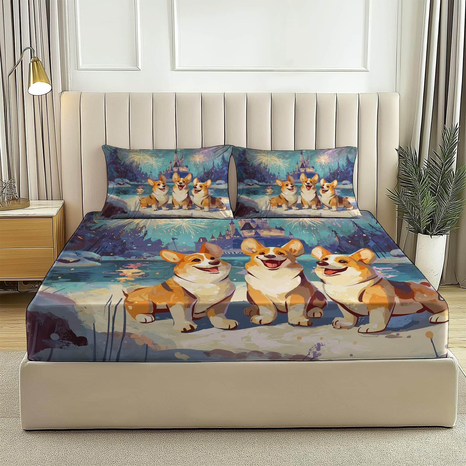 Niebieskie prześcieradło z gumką z mikrofibry, motyw Cartoon Corgi Burg, fajerwerki, z nadrukiem, ochraniacz na materac, wysokość boku do 30 cm (160 x 200 cm, 2 poszewki na poduszki)