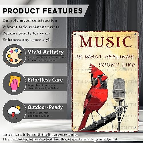 Miniatura 2 de Letrero de hojalata de pájaro vintage con texto en inglés "Music Is What Feelings Sound Like Retro Wall Art Wall Art Funny Bird Lovers Poster Indoor