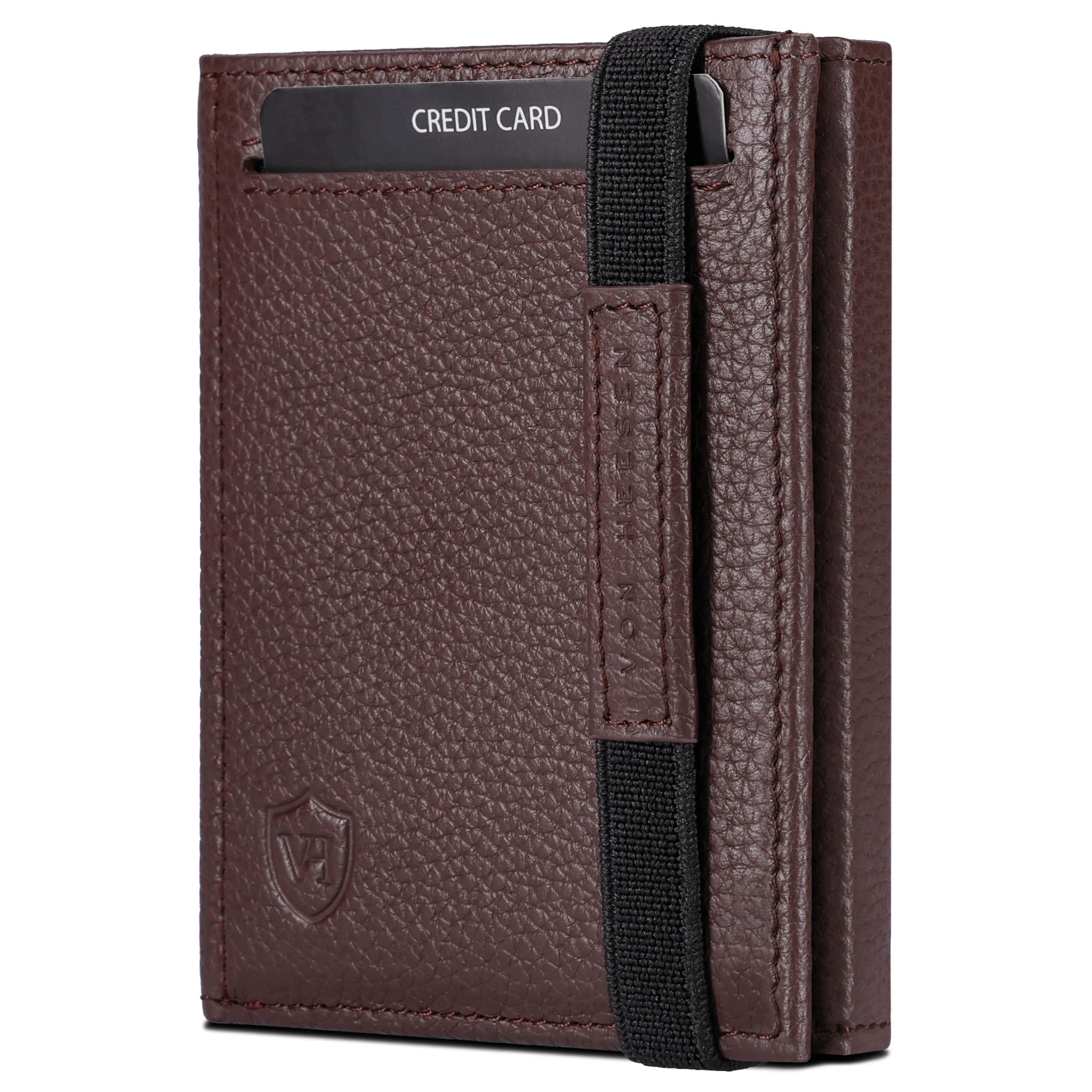 VON HEESEN Slim Wallet mit RFID Schutz - Geldbörse Herren klein - Mini Geldbeutel Damen Portmonee - Kartenetui Echtleder Karten Portemonnaie - Leder Kreditkartenetui Braun