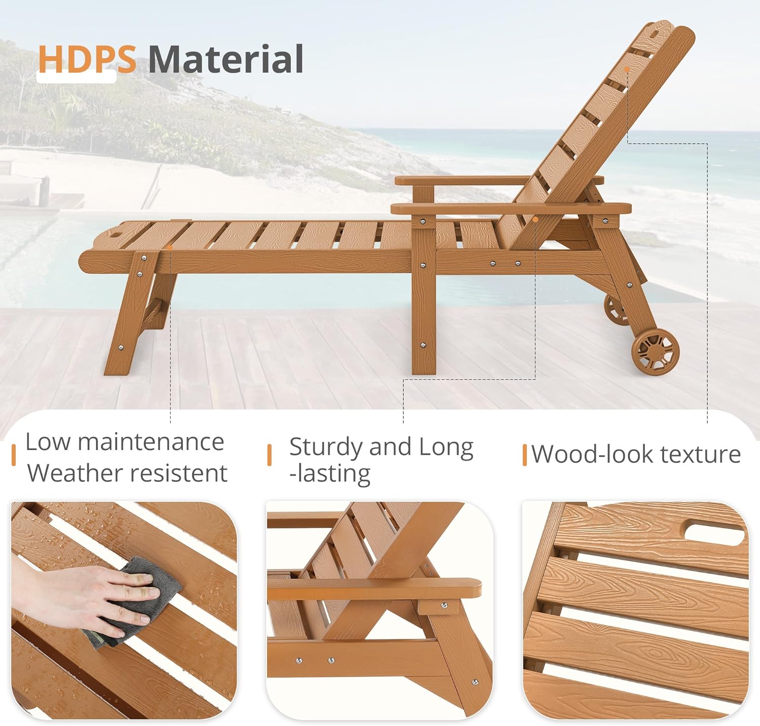 LUE BONA Outdoor Chaise Lounge Chairs Set of 2, HDPS Chaise Lounger, 5 Positions Adjustable Lounge Chairs, Pool Lounge Chair with Wheels for Poolside, Patio, Restaurant, 3 Year Warranty, Teak Color