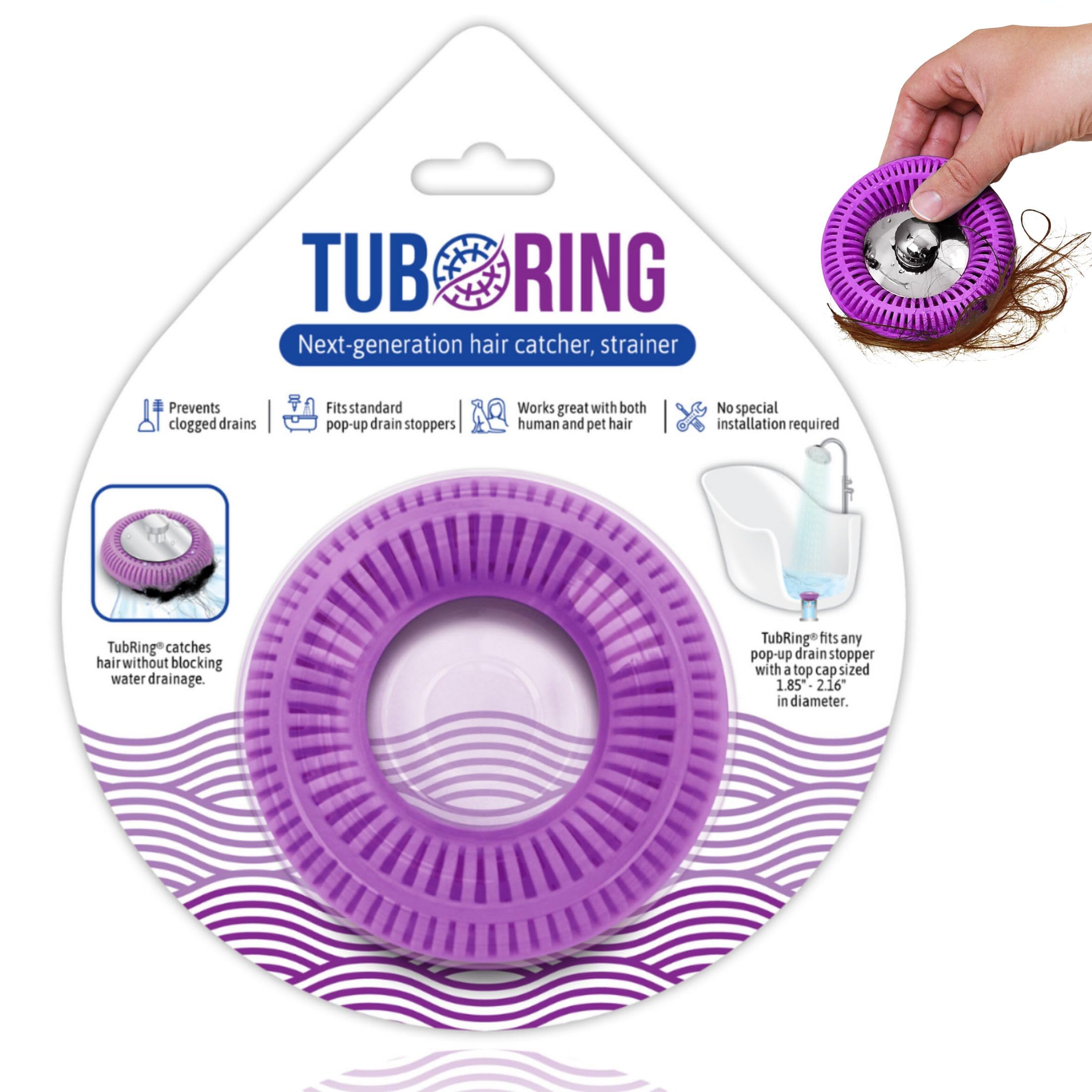 TUB RING The Ultimate Tub Drain Protector Hair Catcher/Strainer/Snare, Regular - Purple