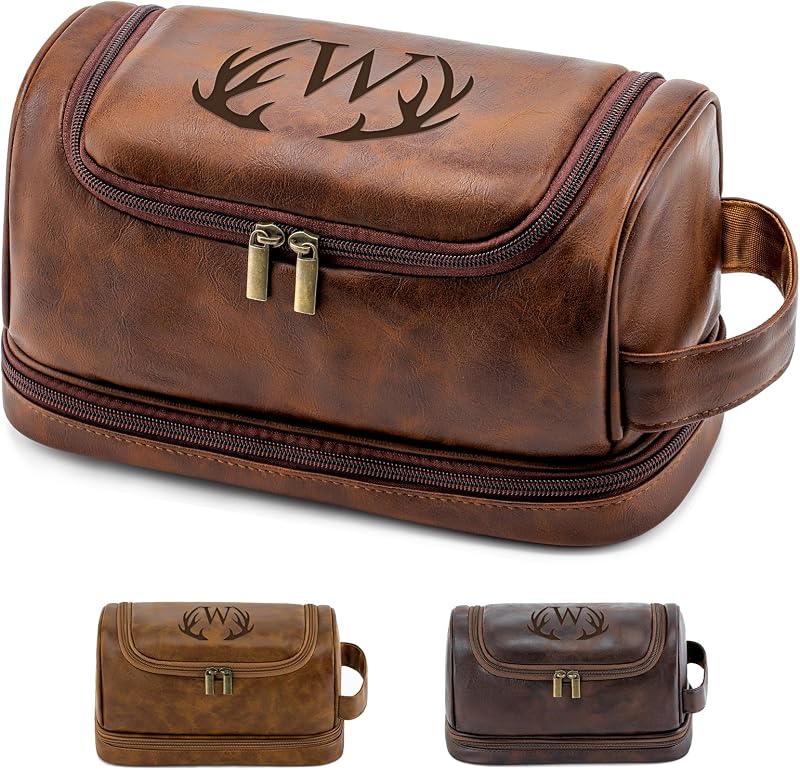 Necessaire de viagem Aganmi em PU e poliéster com zíper, estampa de letra, cor marrom-avermelhada