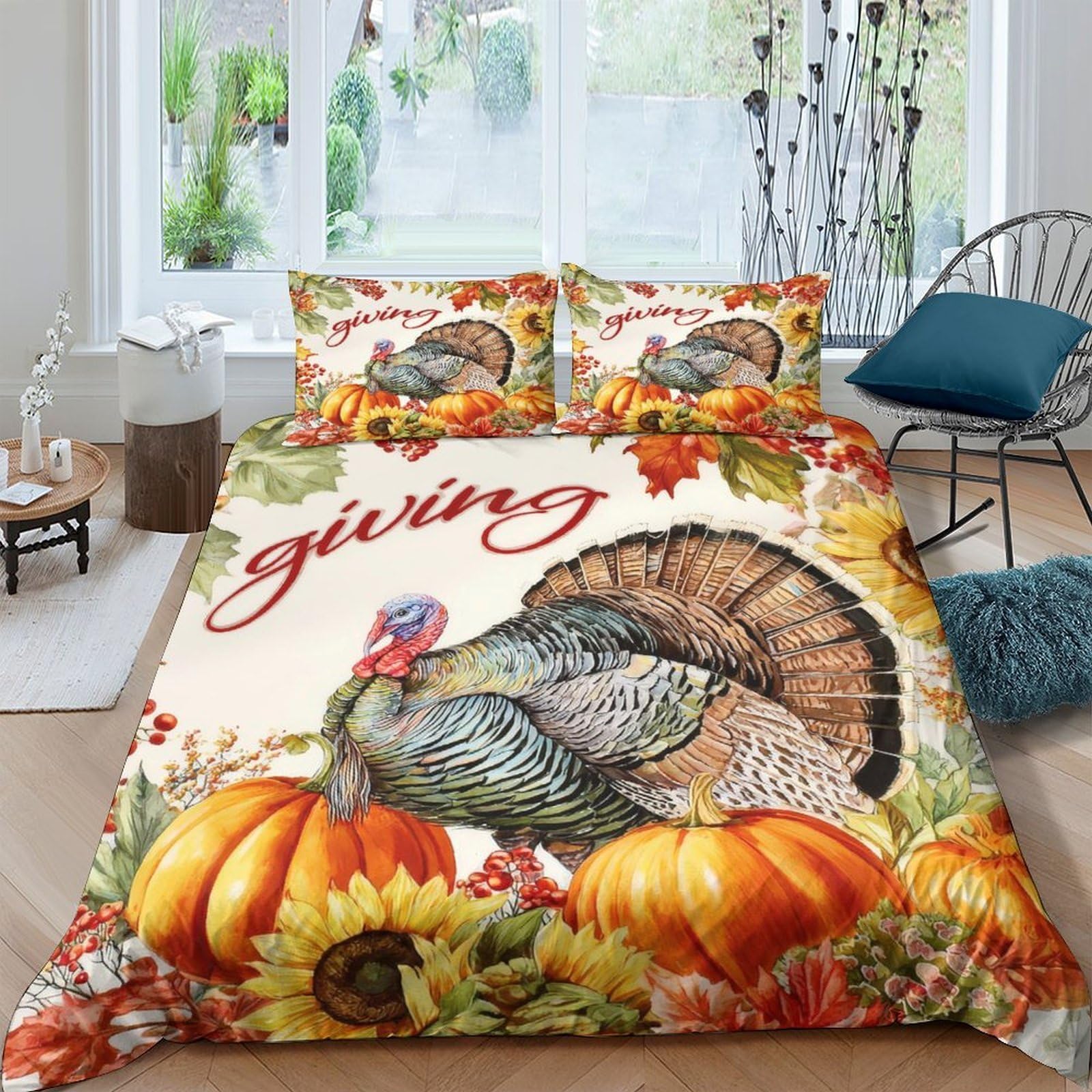 Ctjqhvkz Style-8 3D Printed Thanksgiving Turkey Fitted Sheet Microfiber Autumn Pumpkin Bed Cover For Bedroom Guest Room Decor Single（135X200cm）