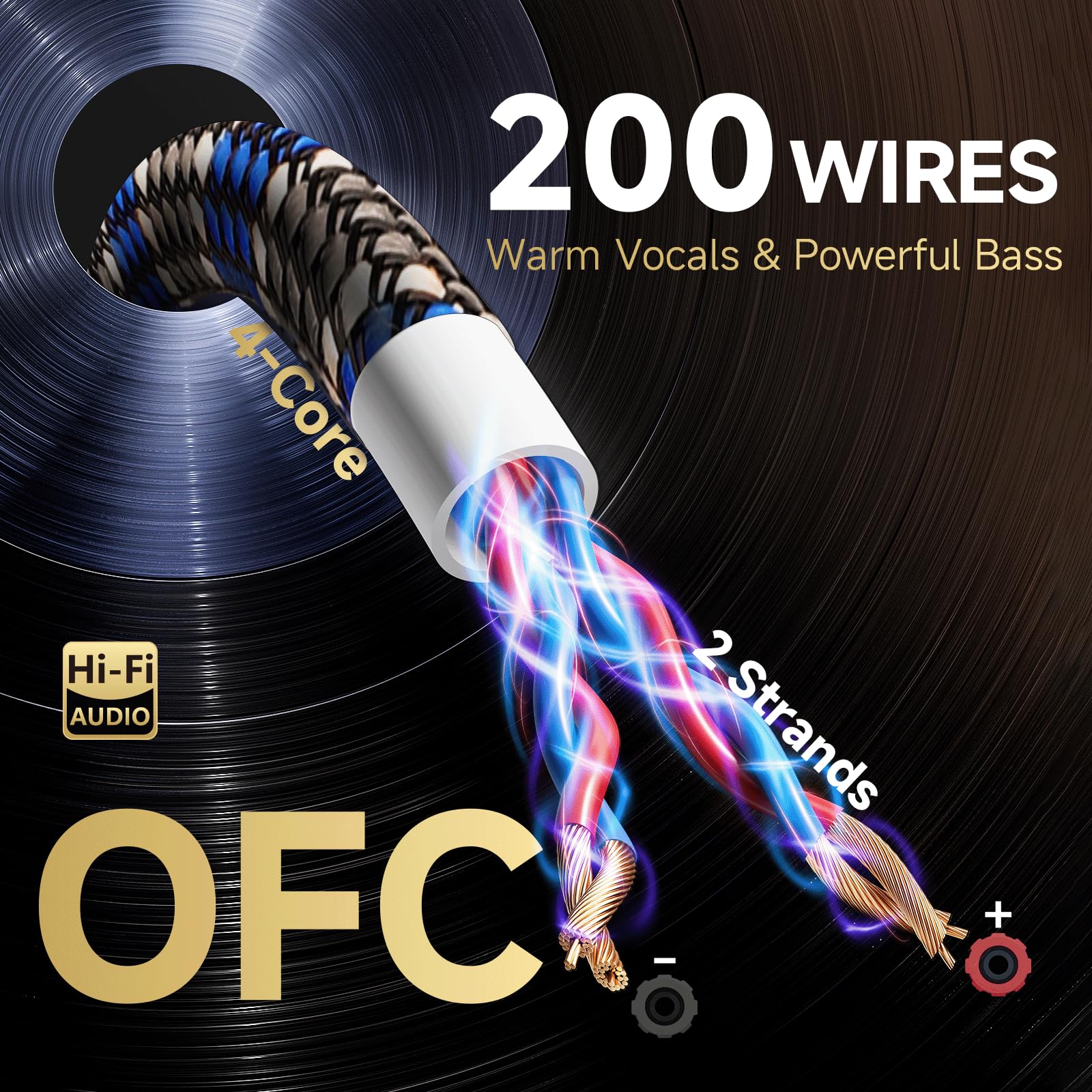 TODN HiFi 4-adriges OFC-Lautsprecherkabel mit Bananenstecker (3 m, 1 Stück) | 4 x 1,27 mm² Audiophiles geschirmtes Boxkabel mit 24K vergoldeten Bananensteckern für Audio-Lautsprecher, HiFi-Systeme
