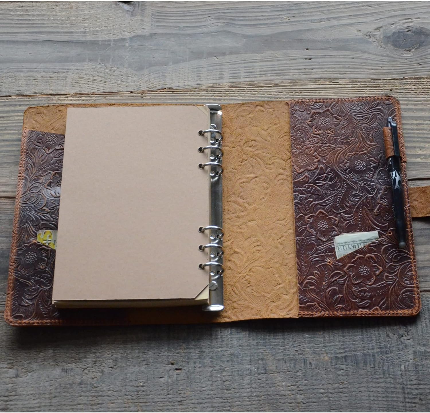JJNUSA Personalized Refillable Leather Journal Writing Notebook, A5 Leather Travel Journal with Pockets, A6 Vintage 6 Ring Binder Organizer Planner, Travel Gifts, Inner Pockets and Pen Holder