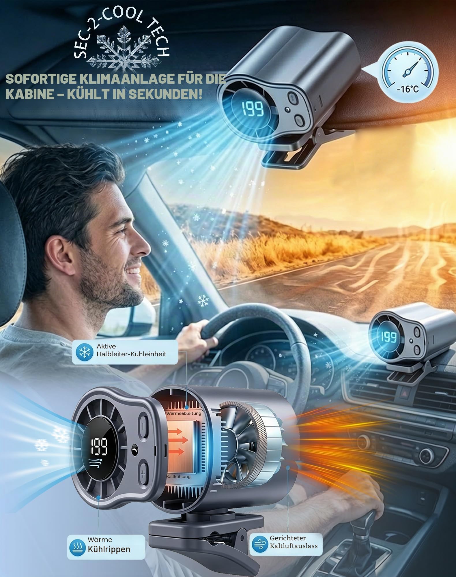 2026 Auto Clip on Klimaanlage Ventilator mit LED Display - 360° Drehung, 199 Geschwindigkeiten & Halbkühlungstechnologie, USB Wiederaufladbarer Persönlicher Ventilator, Freisprechanlage Clip on