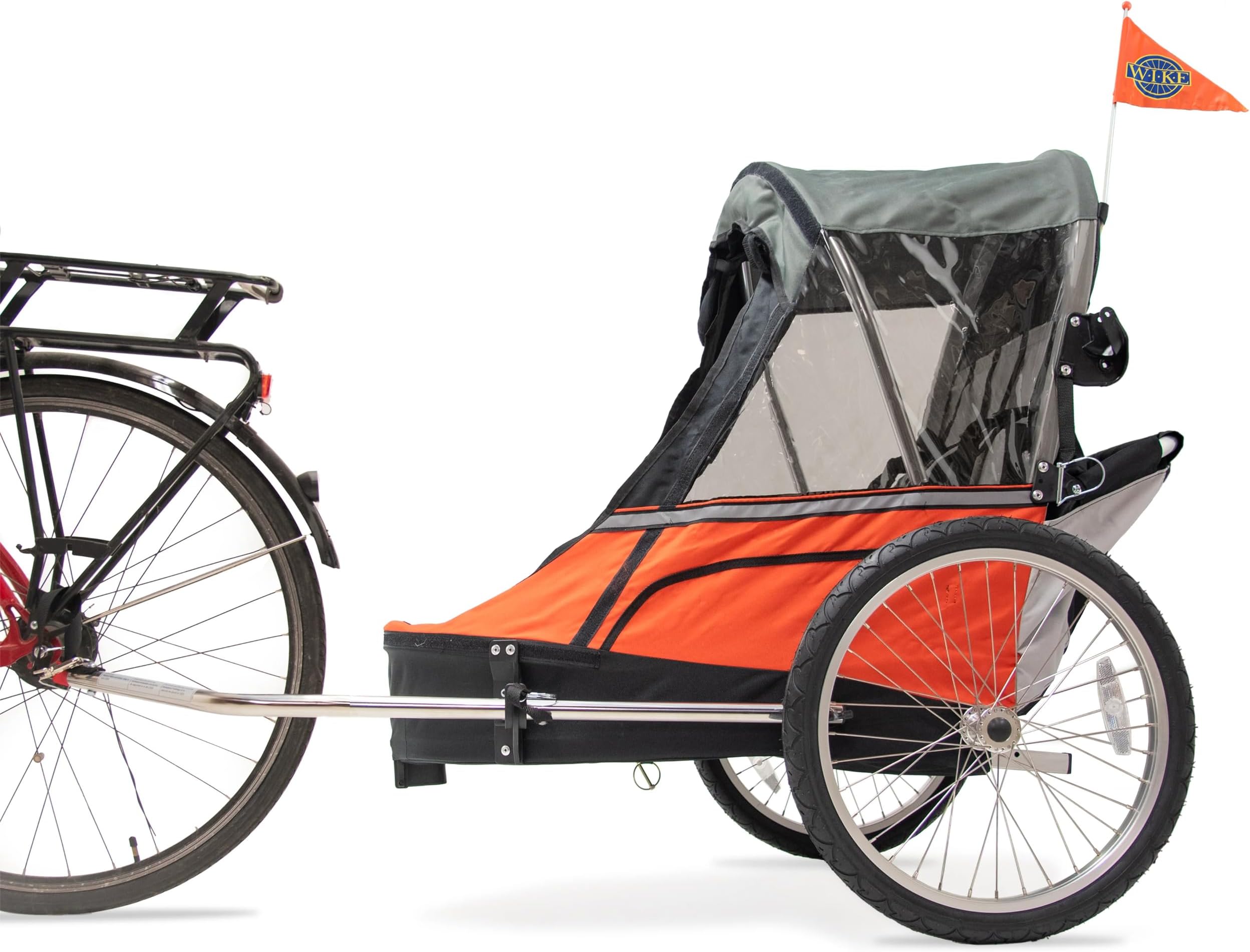 WIKE Children's Double Bike Trailer: for 1-2 kids under 4'4"/100lbs max - built-in roll cage, stainless steel towbar, 5-point restraints, inner and rear cargo pockets, safety flag, bug/rain screens