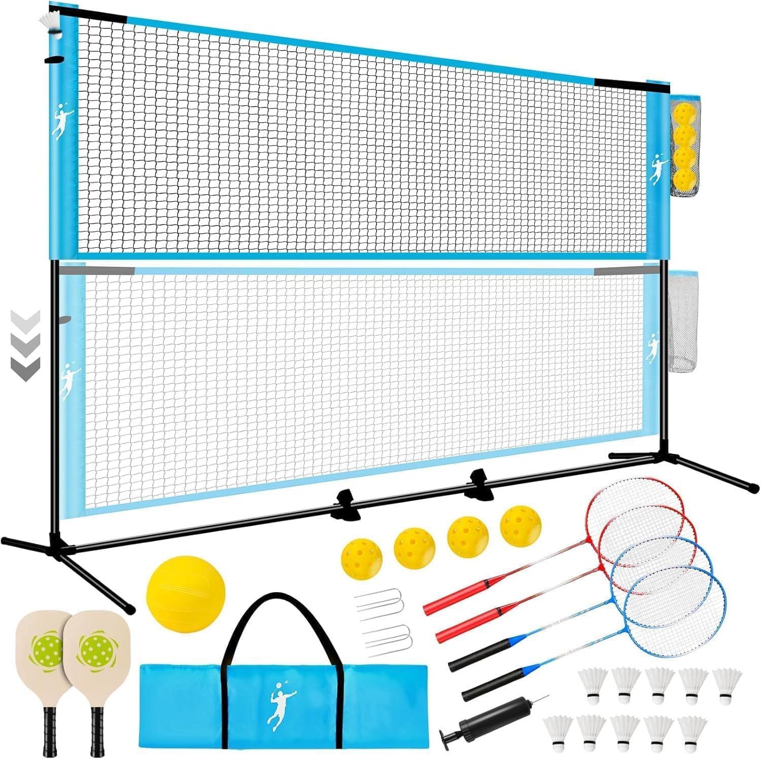 Badminton Netz, Garten Volleyball Netz , Pickleball Netz Set Höhenverstellbar, Tragbares Set für Tennis, Fußball mit Volleyball & Pickleball Schlägern & Badminton Schlägern, Indoor Outdoor Spiele