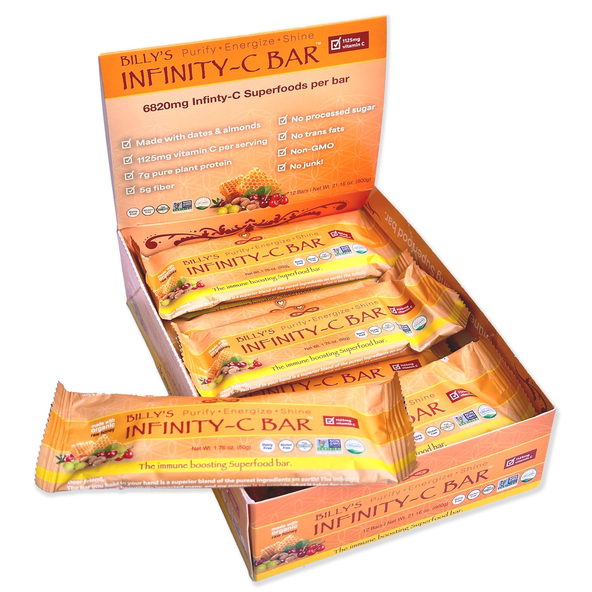 Infinity C Superfood Bars, Healthy Energy Bars with 1125 mg of Whole Food Vitamin C, Immune Boosting Plant Based Ingredients, Camu Camu, Acerola, Amla Powder, & Shilajit, Raw, Gluten Free, Non GMO