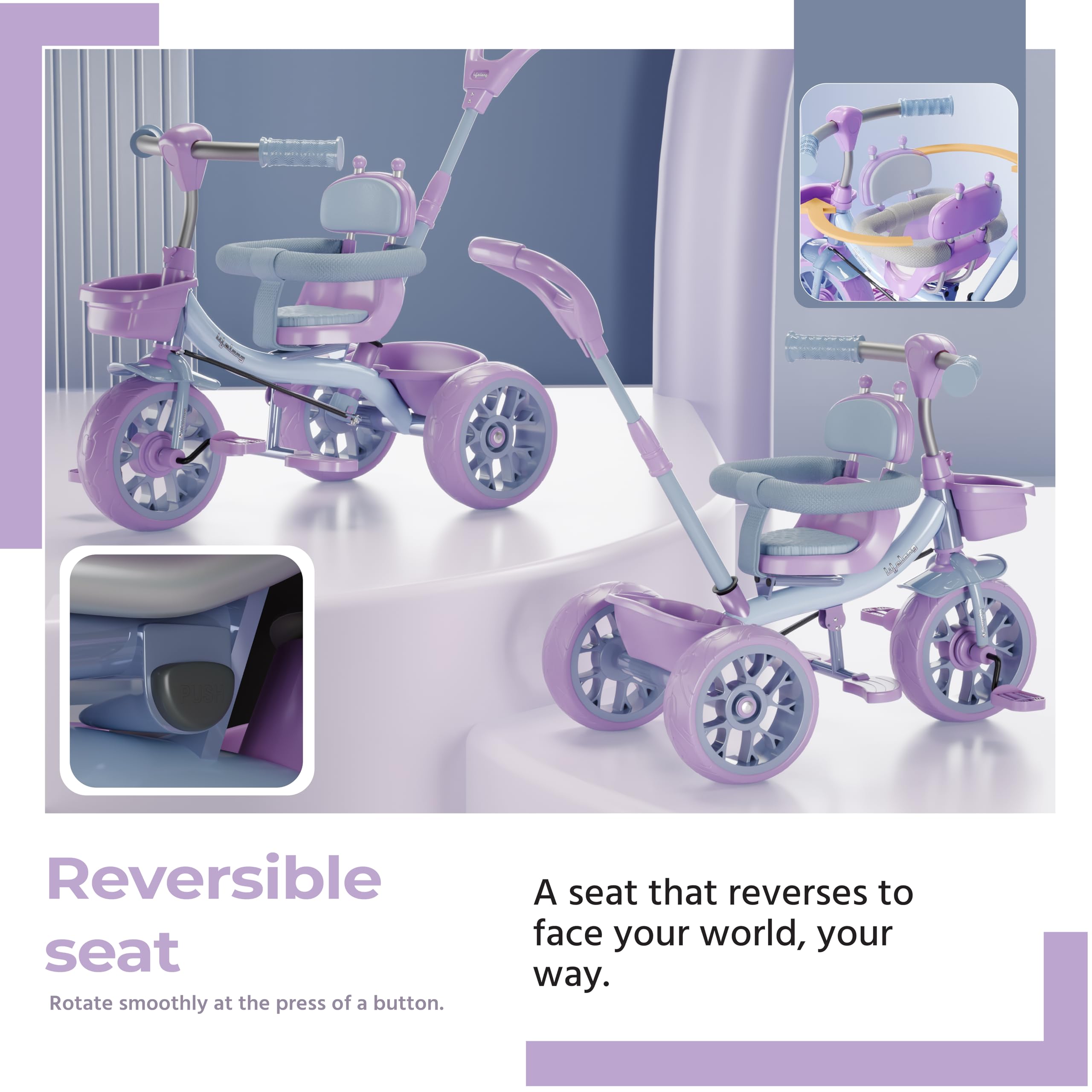 Lifelong Kids Harness Parental Control Tricycle with EVA Wheels, Bell & Storage Basket|Baby Trike|Age Group 1 Years to 4 Years Carrying Capacity Upto 25 kgs, Blue/Lavender - Image 3 thumbnail
