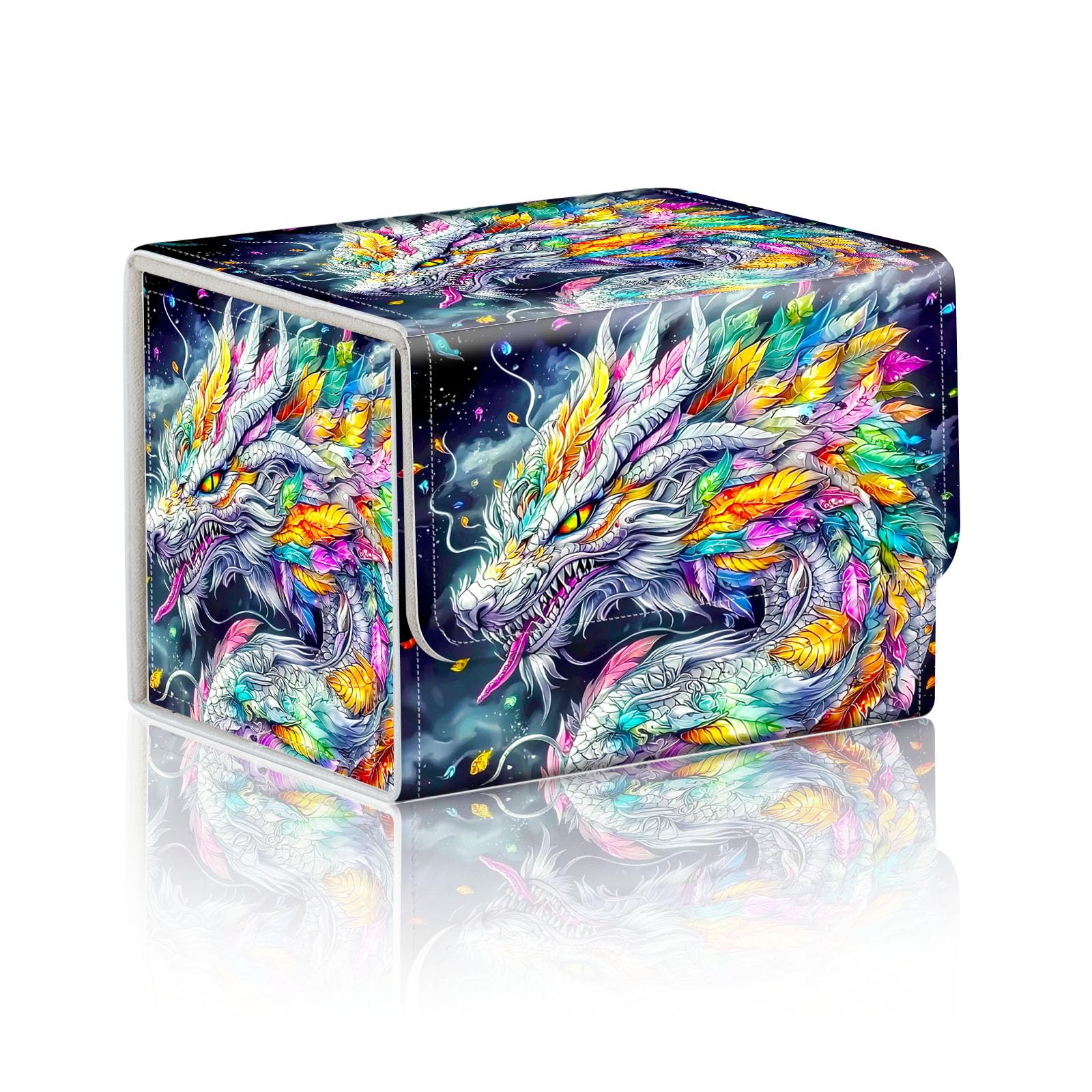DISUOFEART Trading Card Storage Box, Holds 100+ for MTG Cards, Premium PU Leather with Magnetic Closure, Colorful Feathered Dragon Durable Deck Box for Magic the Gathering, Trading Card Games