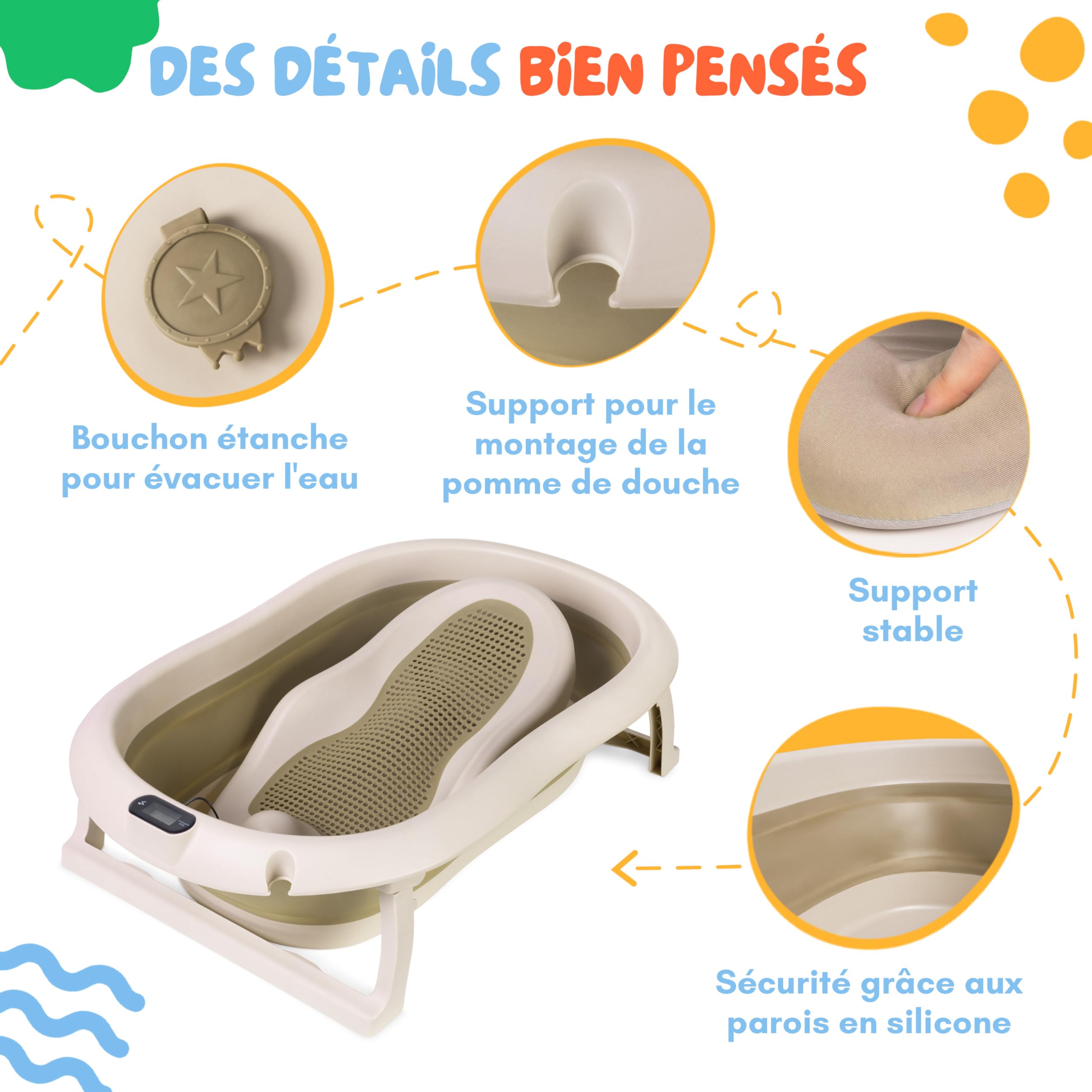 Baignoire bébé pliable 80 cm avec thermomètre et siège de bain antidérapante 0-36 mois