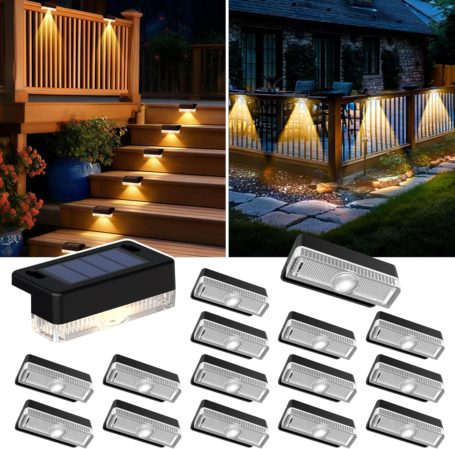 AUDERWIN Solar Deck Lights Outdoor 16 Packs, Solar Powered LED Step Lights Waterproof Outdoor for Deck, Stairs, Step, Fence, Wall, Patio, Yard, Pool and Pathway (Warm White)