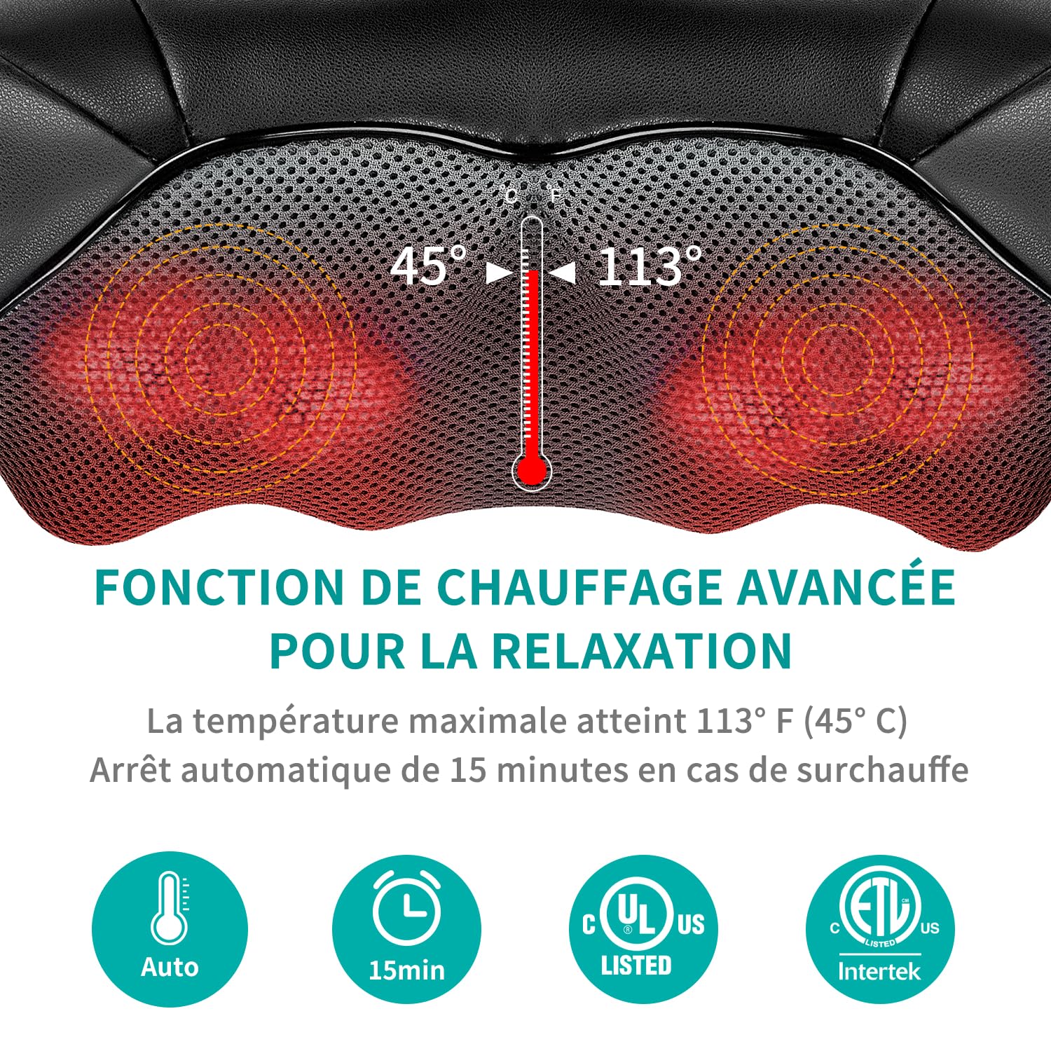 Nekteck Massage du cou et du dos Nekteck Shiatsu, avec chaleur apaisante et oreiller de massage 3D en tissu électrique profond, peut soulager les douleurs musculaires des épaules et du corps