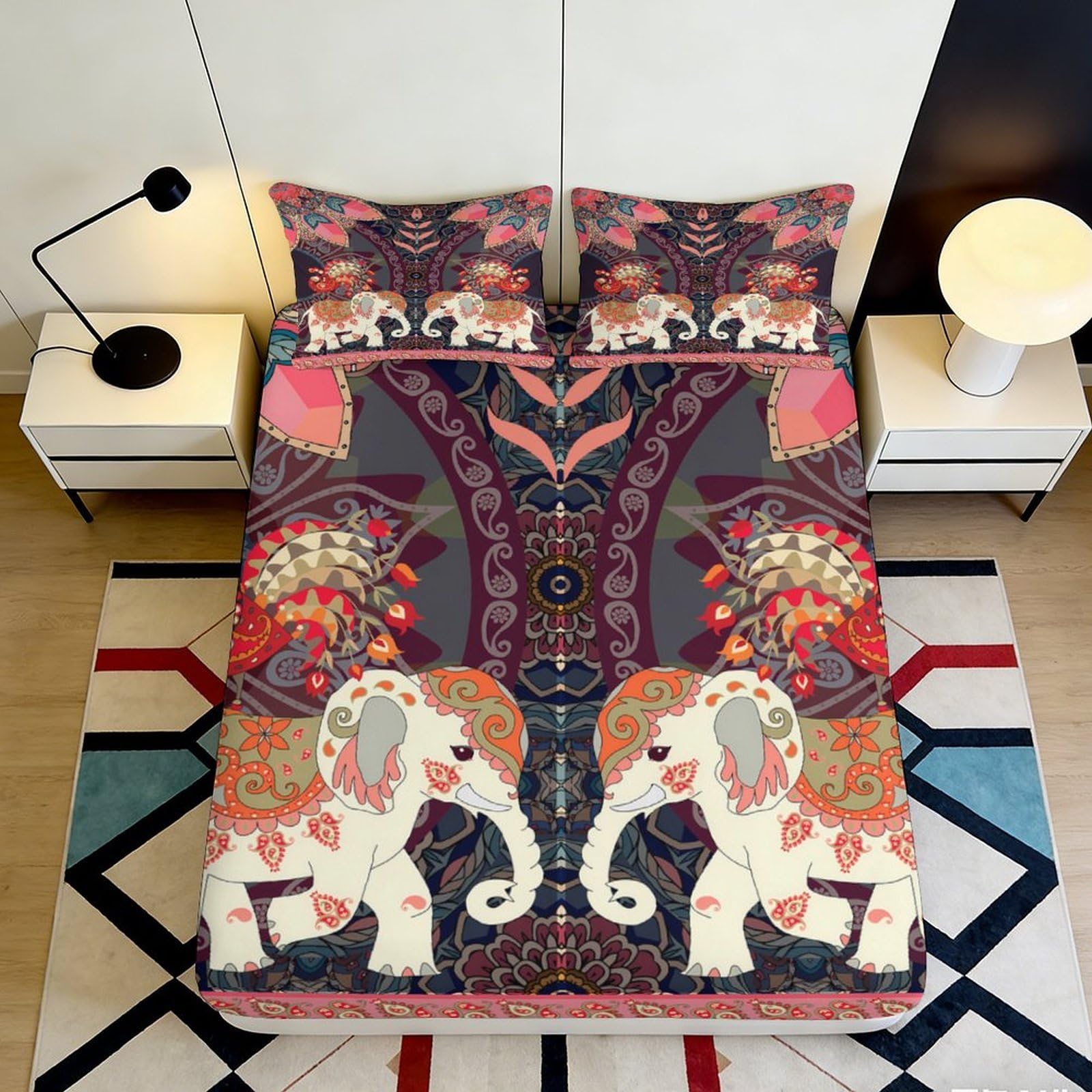 3D Printed Bohemian Elephant Fitted Sheet Microfiber Soft Breathable Floral Mandala Bed Cover for Bedroom Dormitory Guest Room Mattress Protection Decor 140x200x25cm